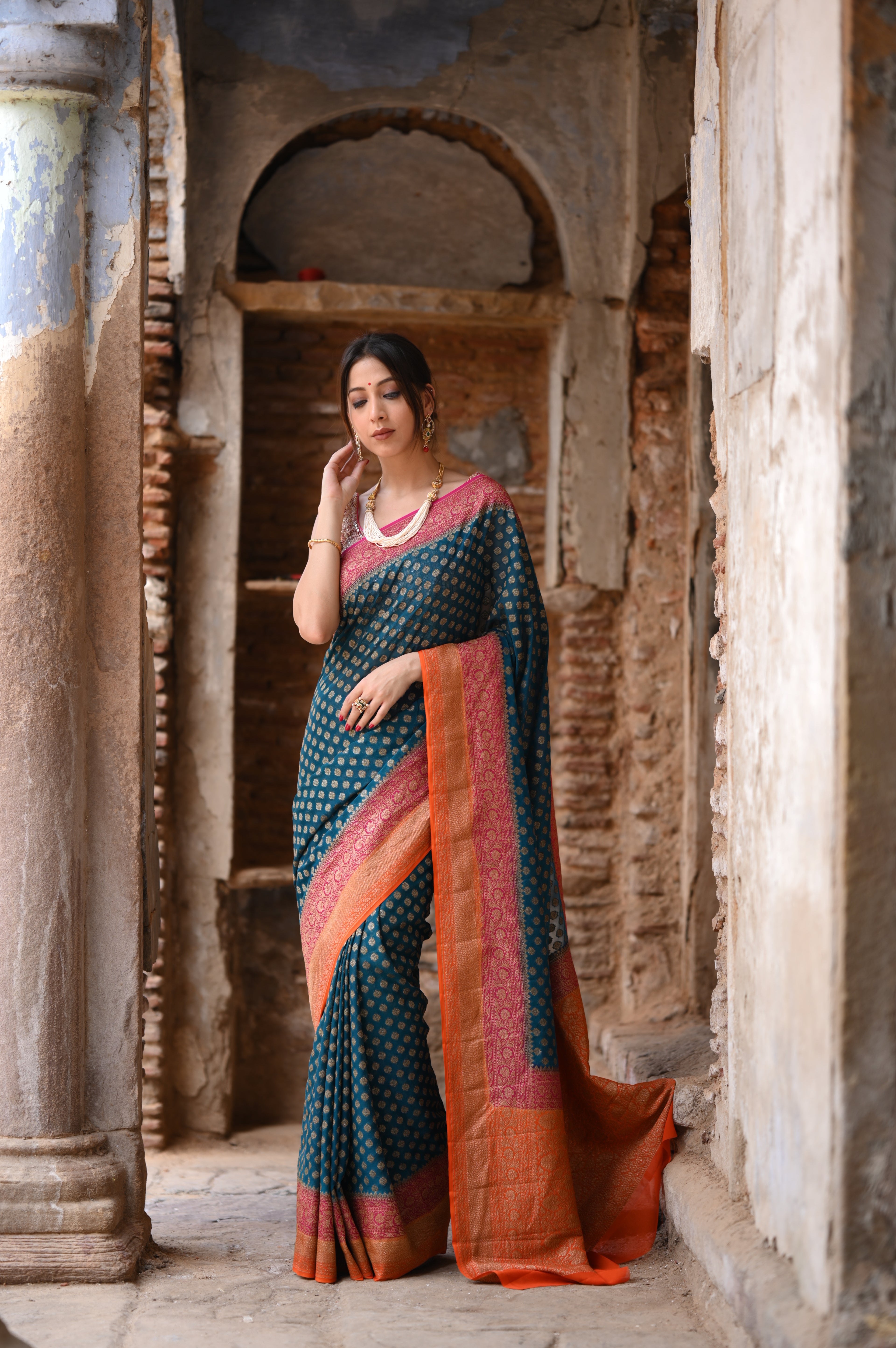 Deep Sea Green Khaddi Chiffon Handwoven Banarasi Saree