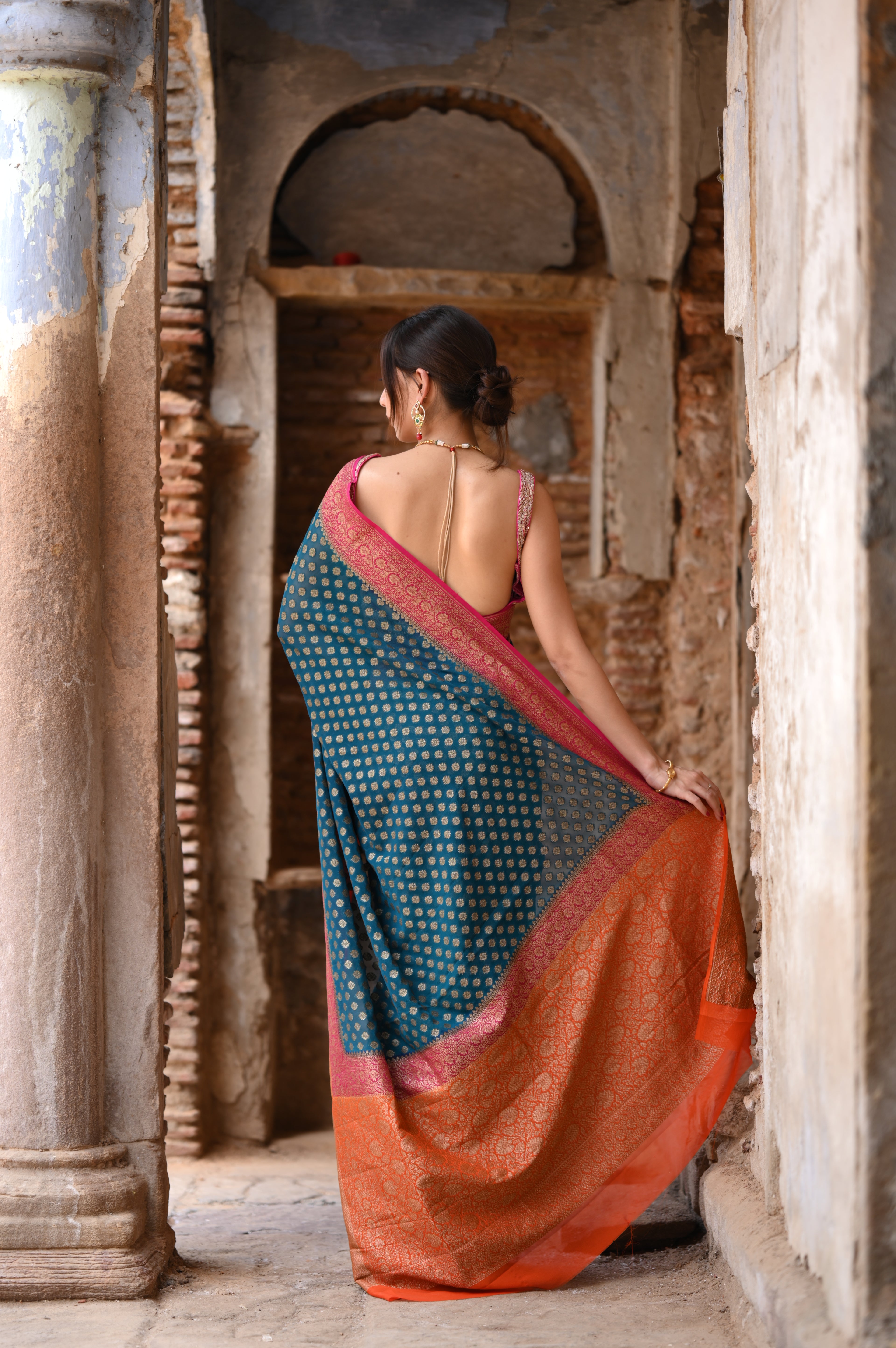 Deep Sea Green Khaddi Chiffon Handwoven Banarasi Saree