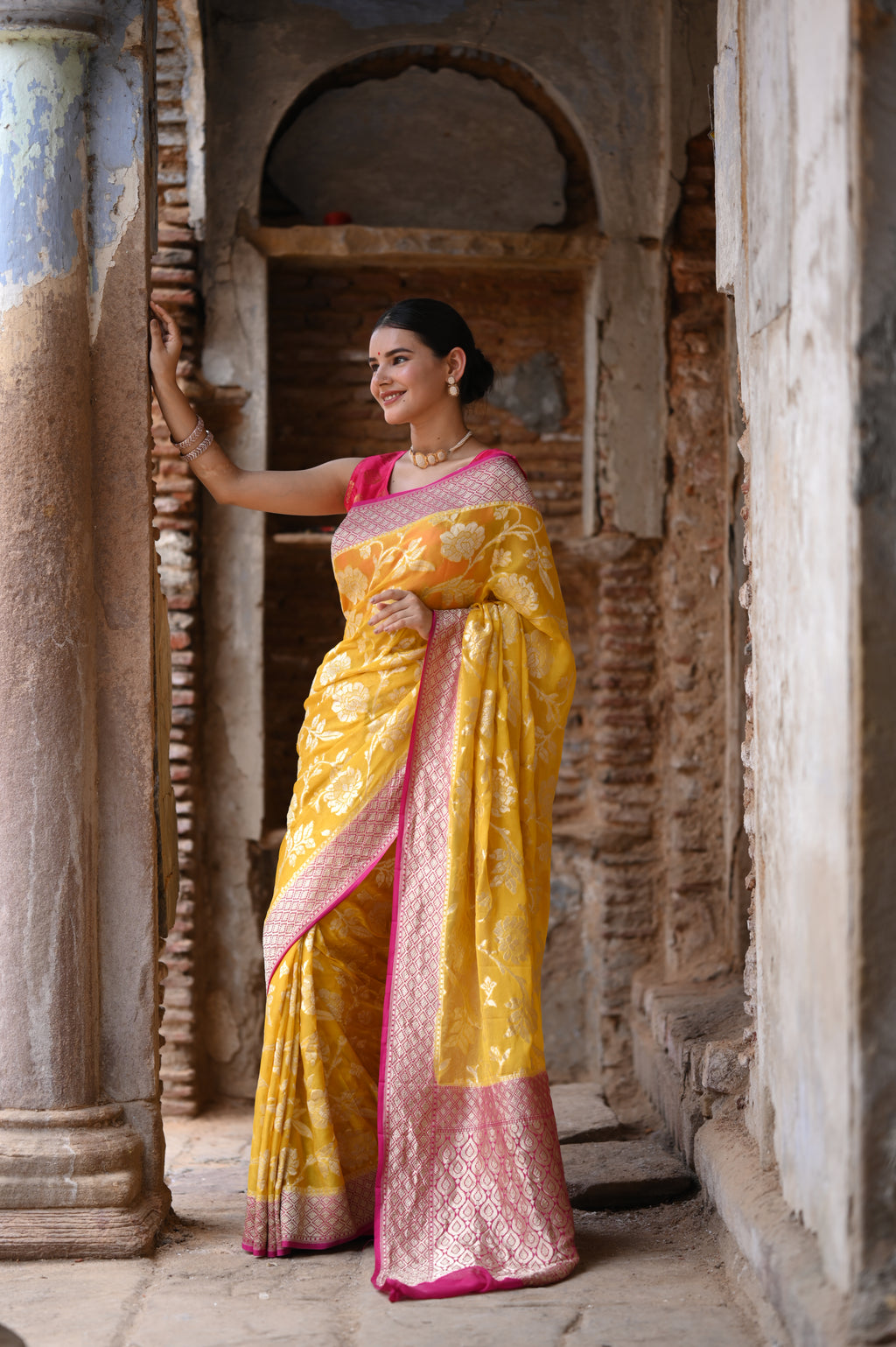 Yellow Khaddi Chiffon Handwoven Banarasi Saree