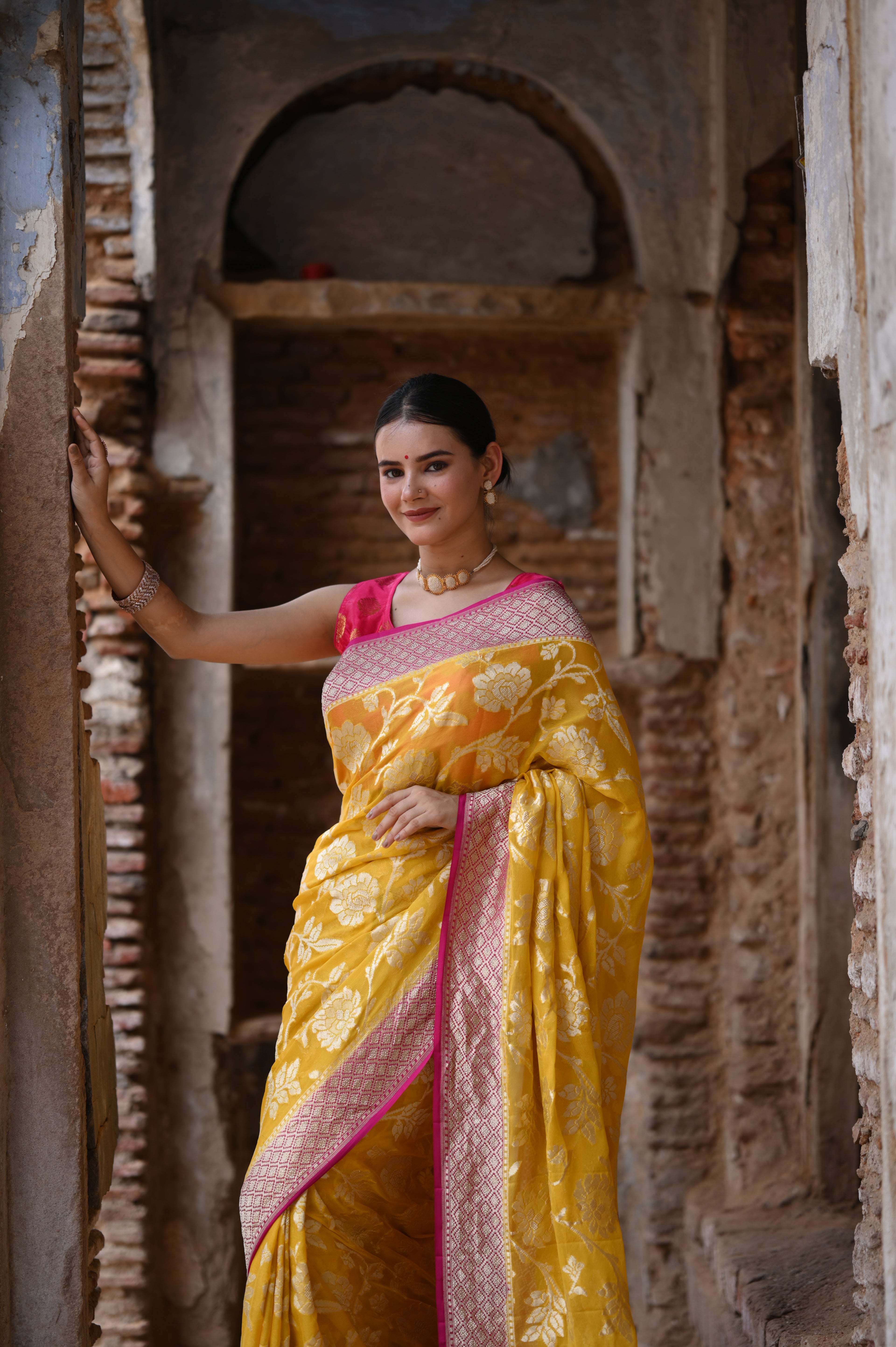 Yellow Khaddi Chiffon Handwoven Banarasi Saree
