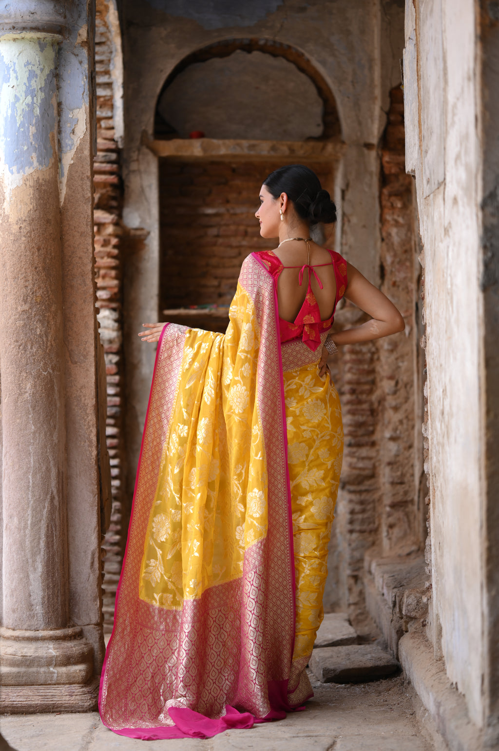 Yellow Khaddi Chiffon Handwoven Banarasi Saree