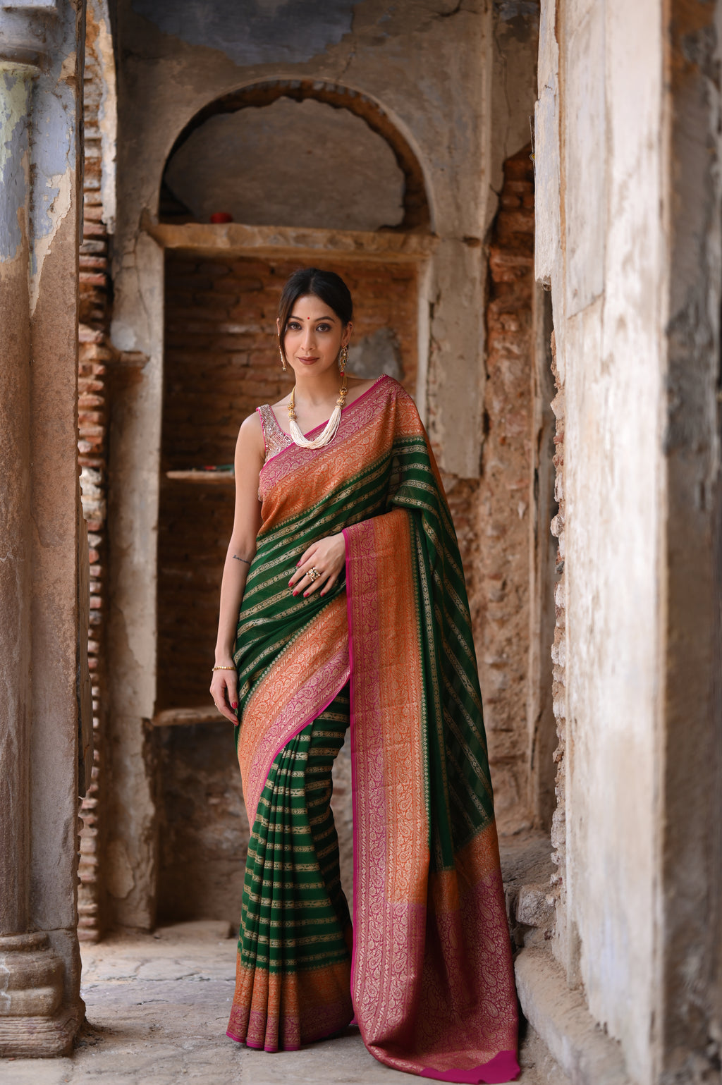Emerald Green Khaddi Chiffon Handwoven Banarasi Saree