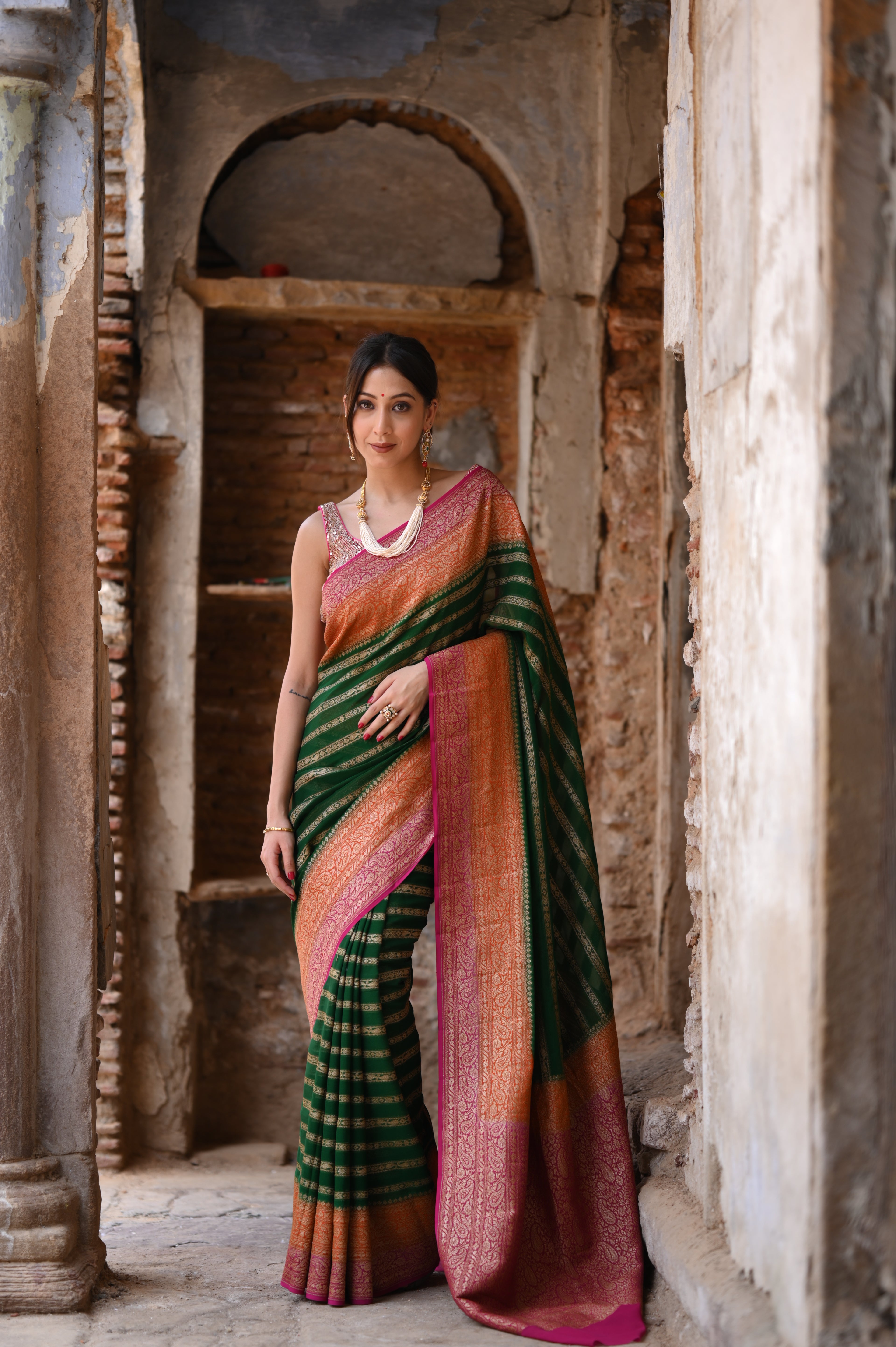 Emerald Green Khaddi Chiffon Handwoven Banarasi Saree