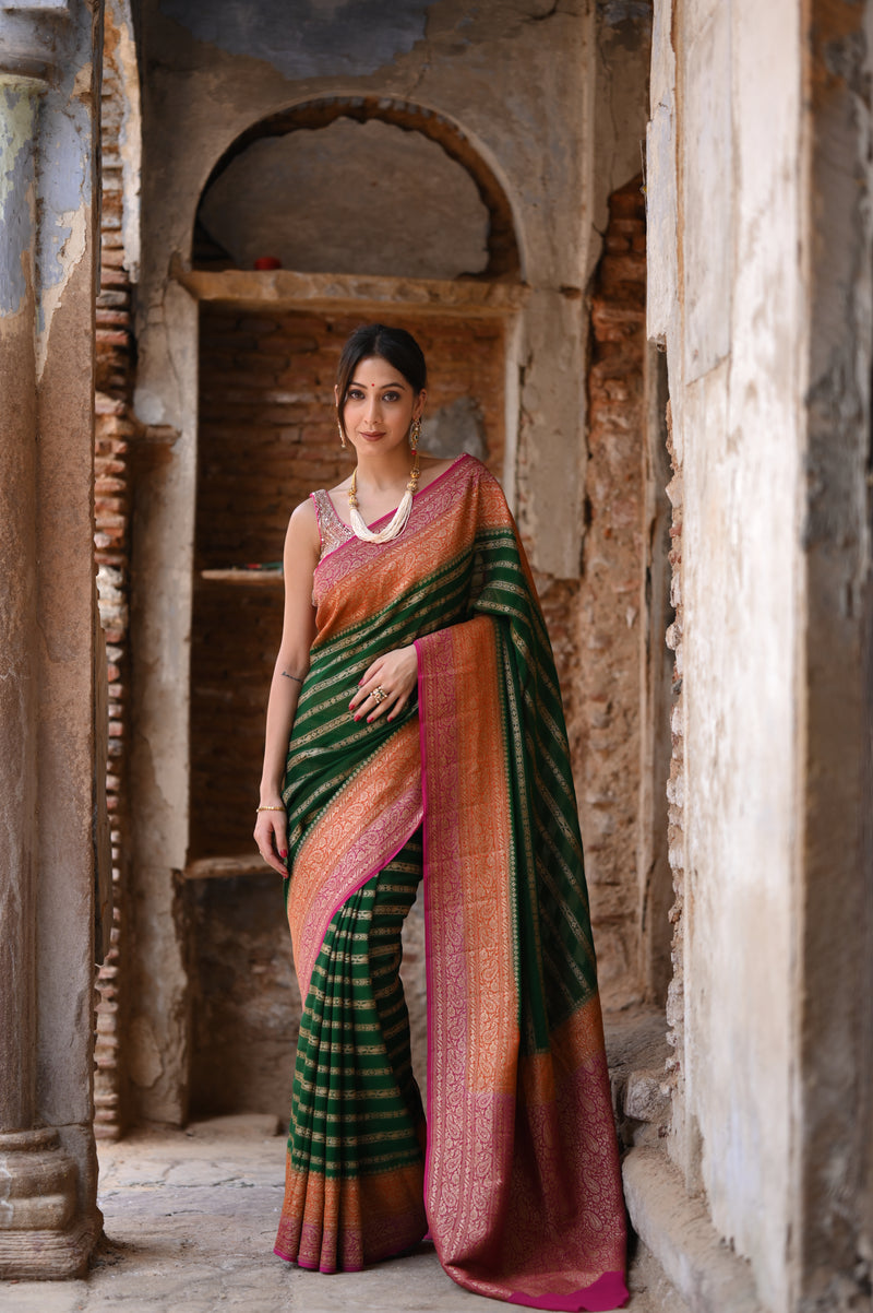 Emerald Green Khaddi Chiffon Handwoven Banarasi Saree
