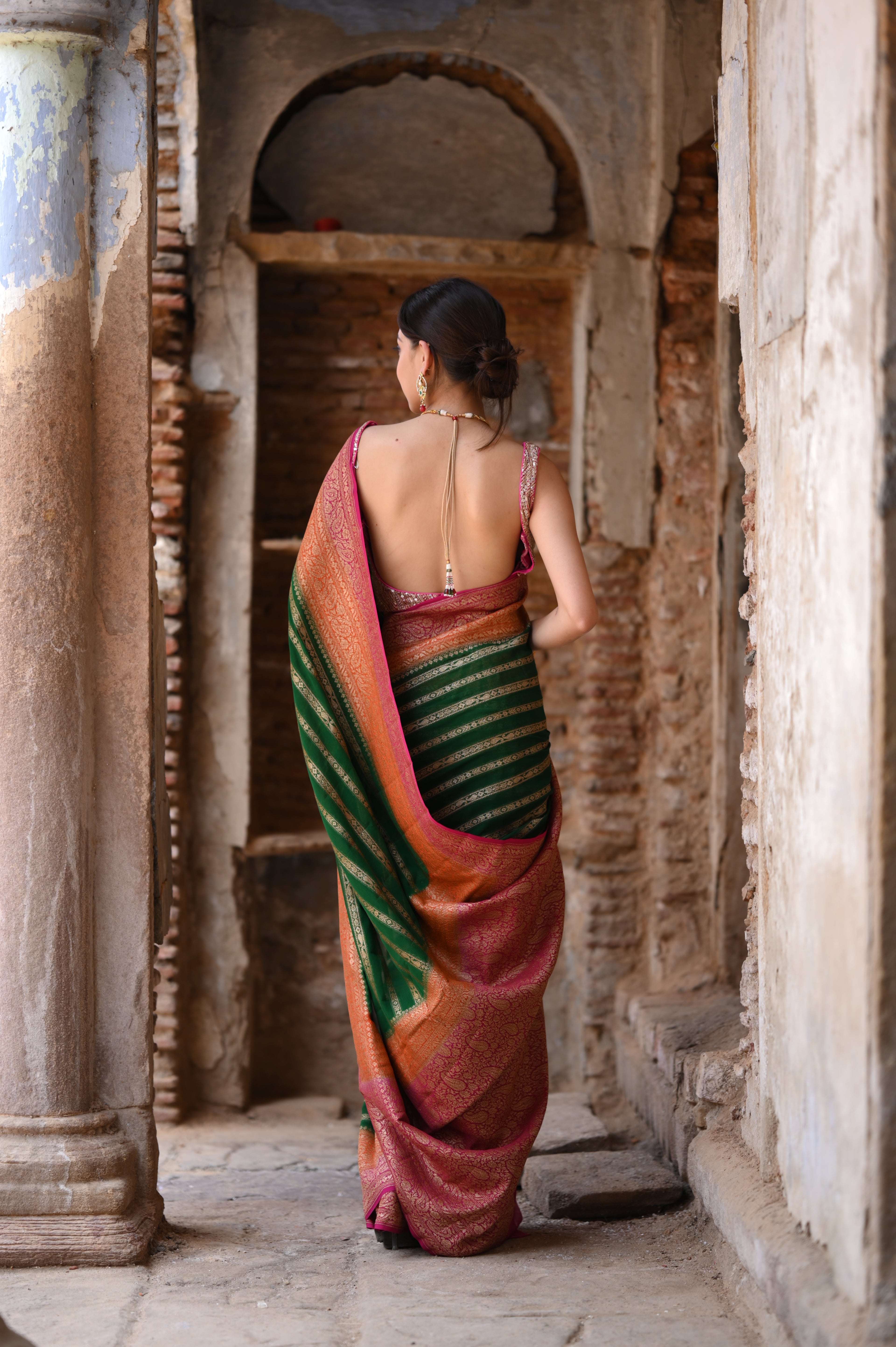 Emerald Green Khaddi Chiffon Handwoven Banarasi Saree