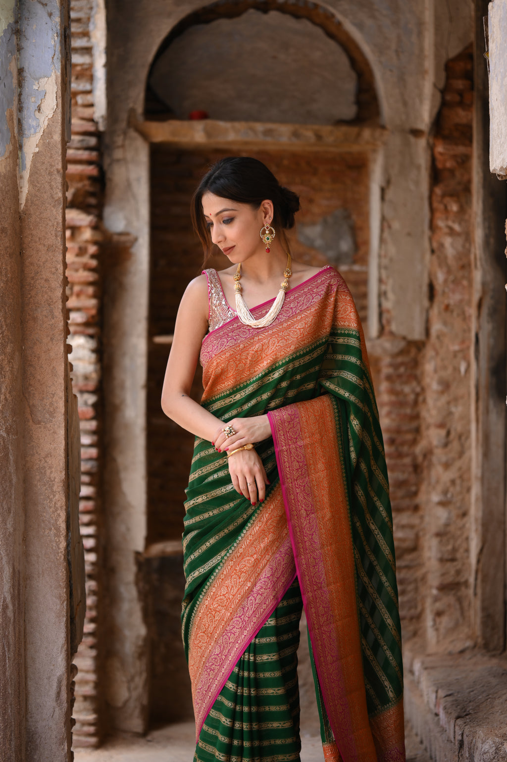 Emerald Green Khaddi Chiffon Handwoven Banarasi Saree