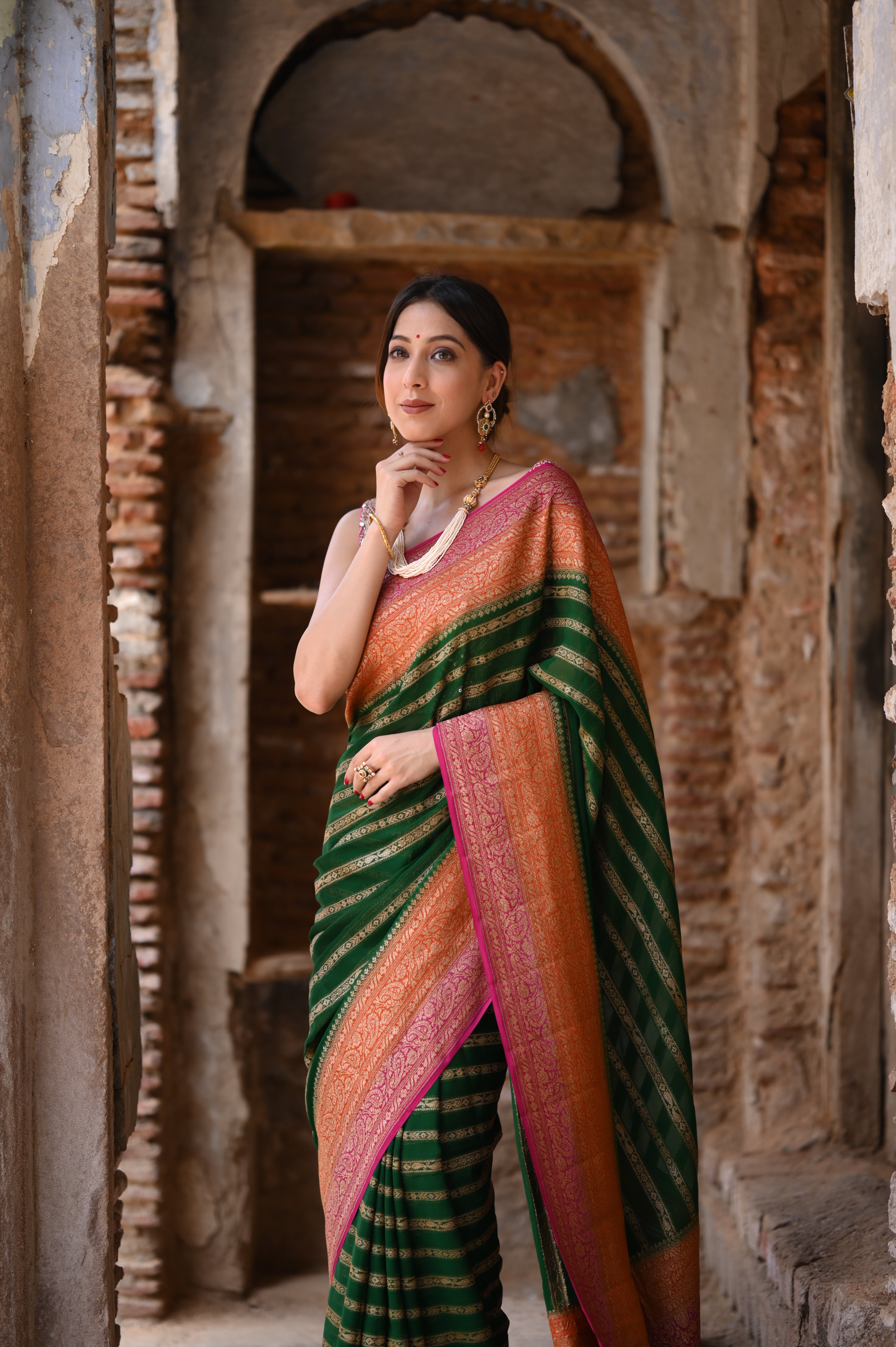 Emerald Green Khaddi Chiffon Handwoven Banarasi Saree