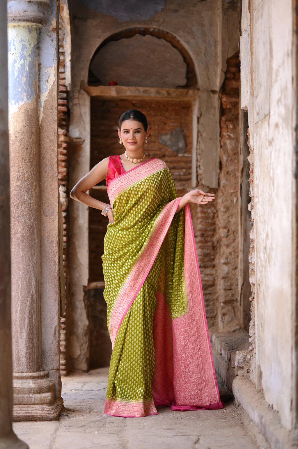 Green Khaddi Chiffon Handwoven Banarasi Saree