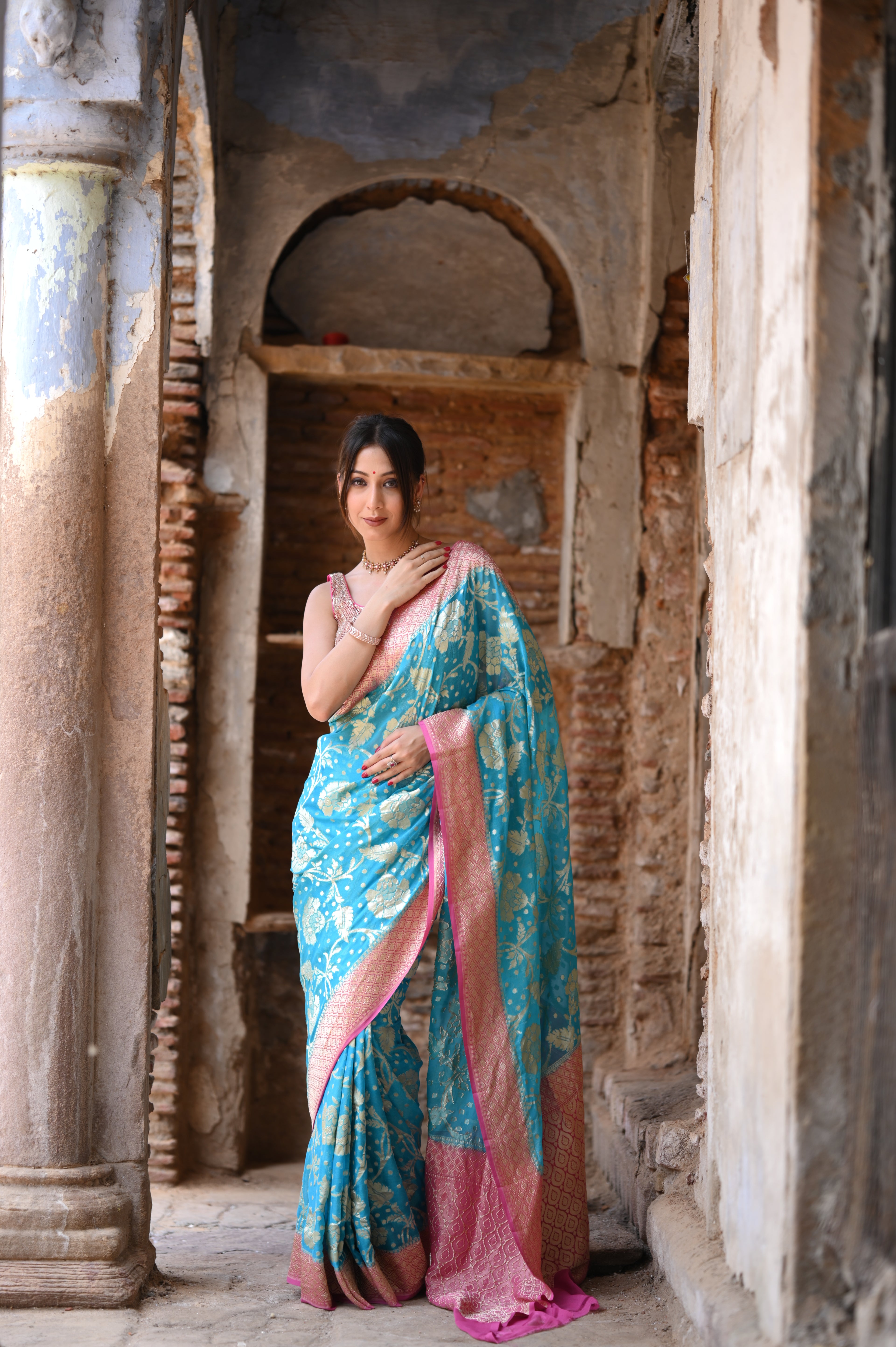 Water Blue Khaddi Chiffon Handwoven Banarasi Saree