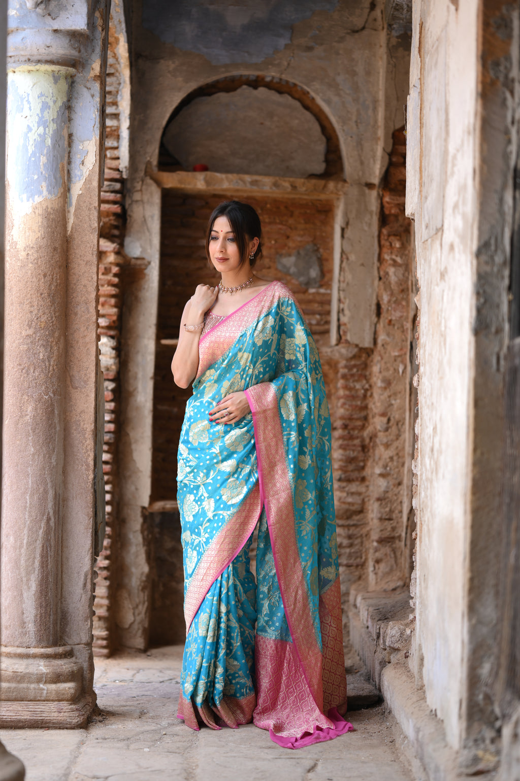 Water Blue Khaddi Chiffon Handwoven Banarasi Saree