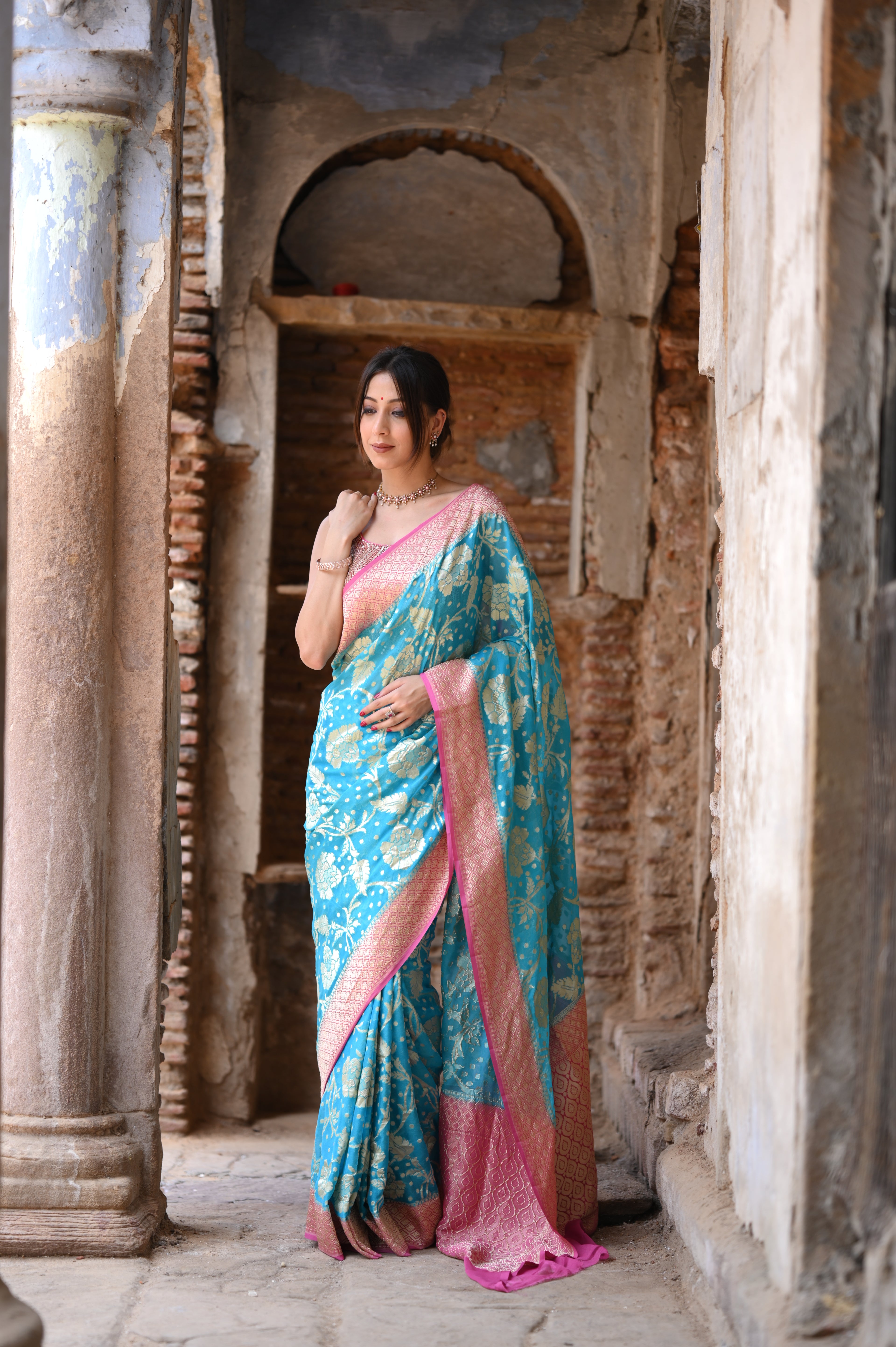 Water Blue Khaddi Chiffon Handwoven Banarasi Saree