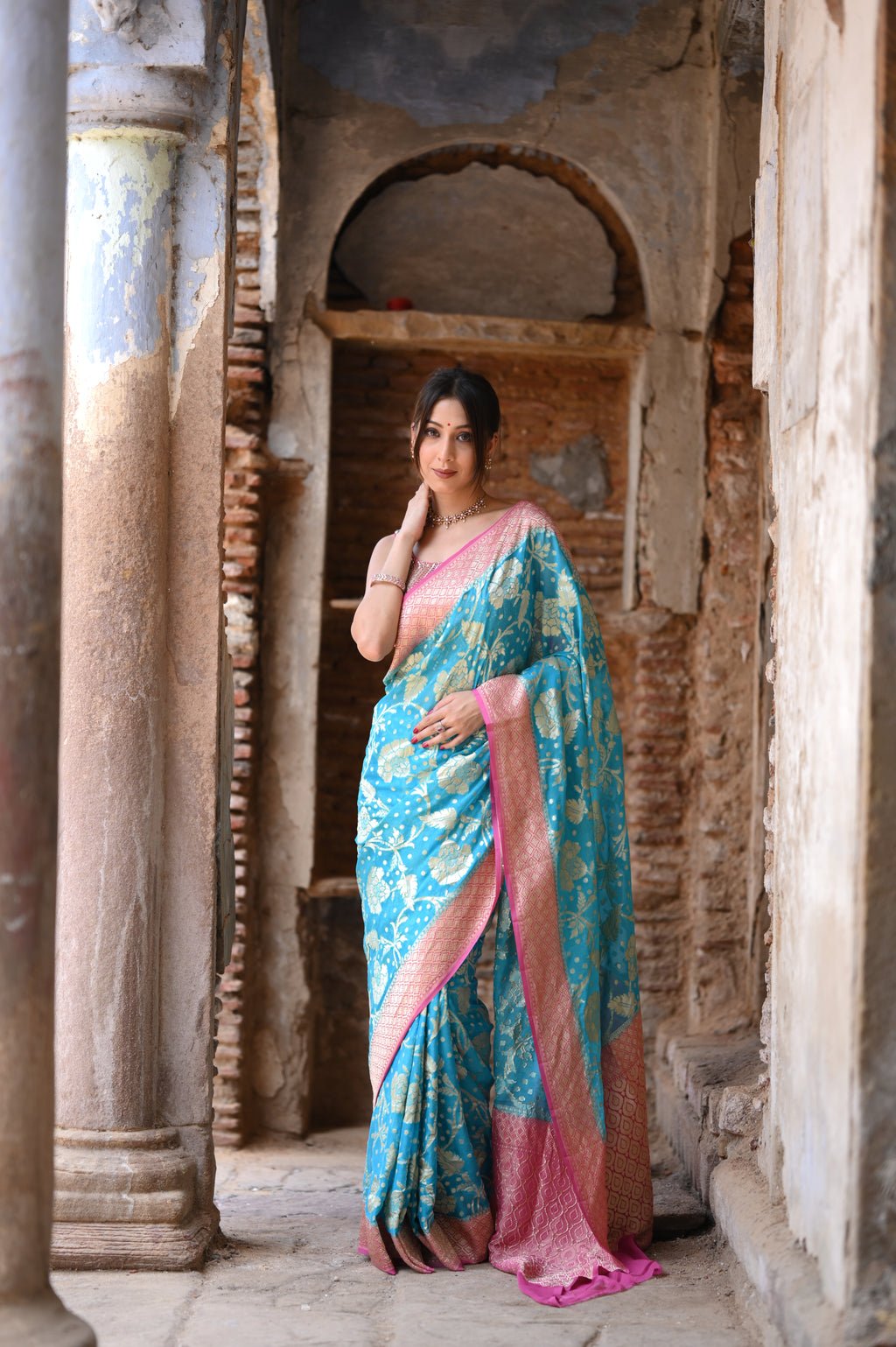 Water Blue Khaddi Chiffon Handwoven Banarasi Saree