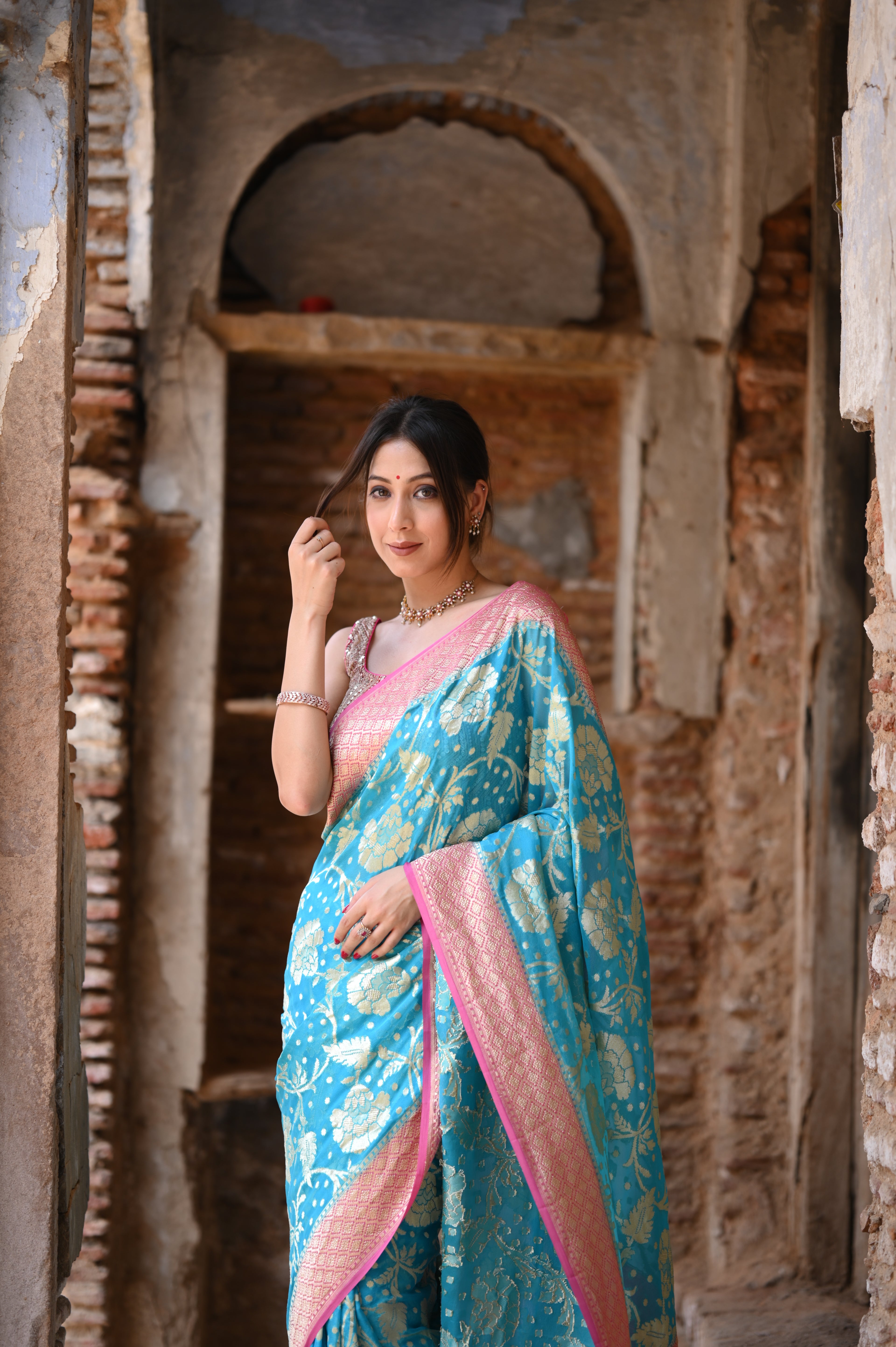 Water Blue Khaddi Chiffon Handwoven Banarasi Saree