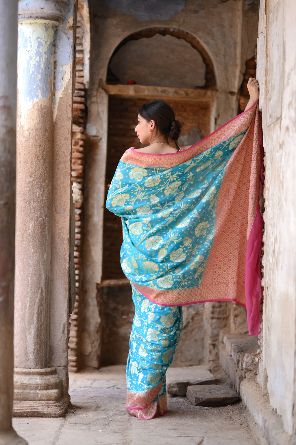 Water Blue Khaddi Chiffon Handwoven Banarasi Saree