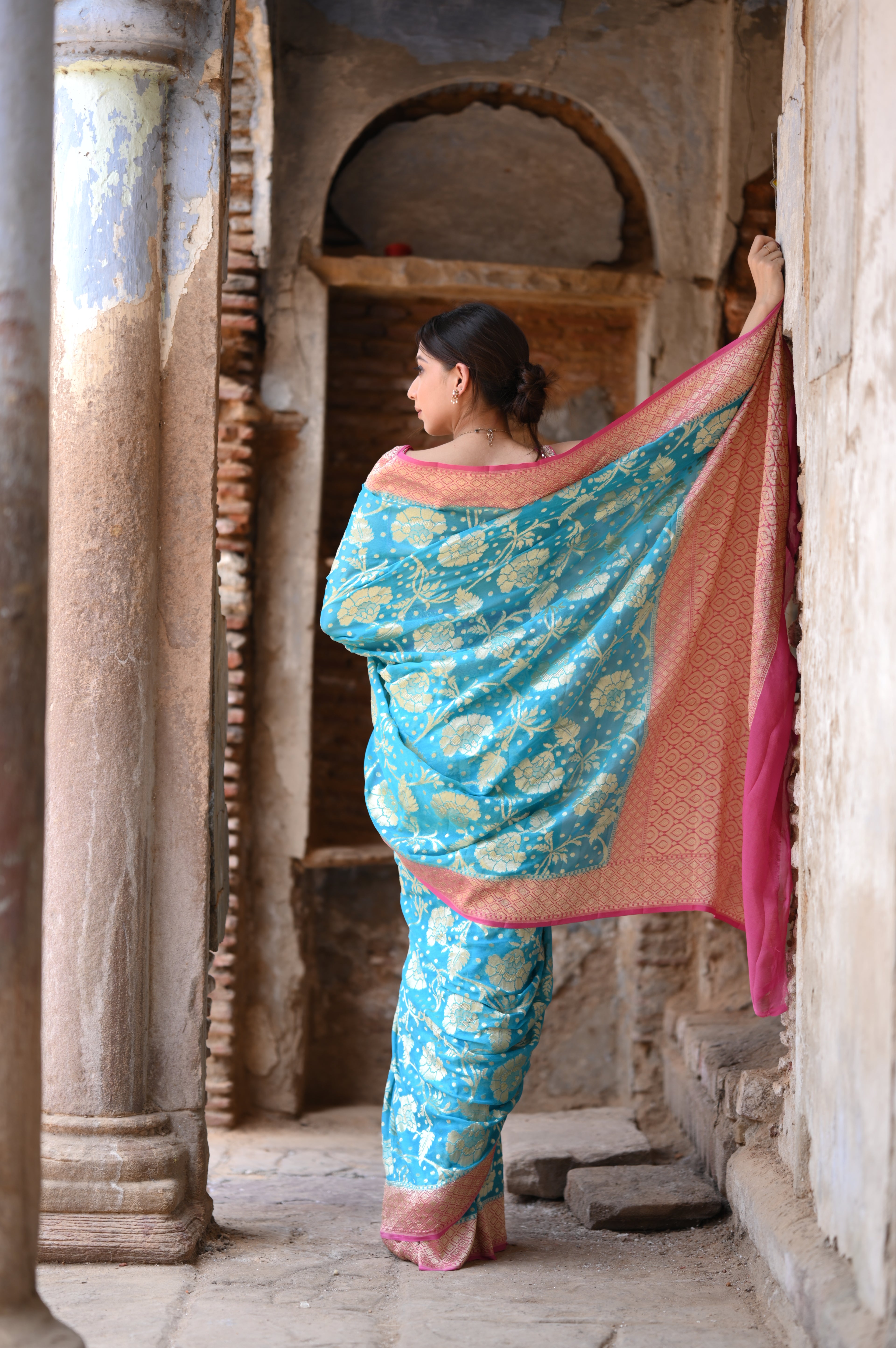 Water Blue Khaddi Chiffon Handwoven Banarasi Saree