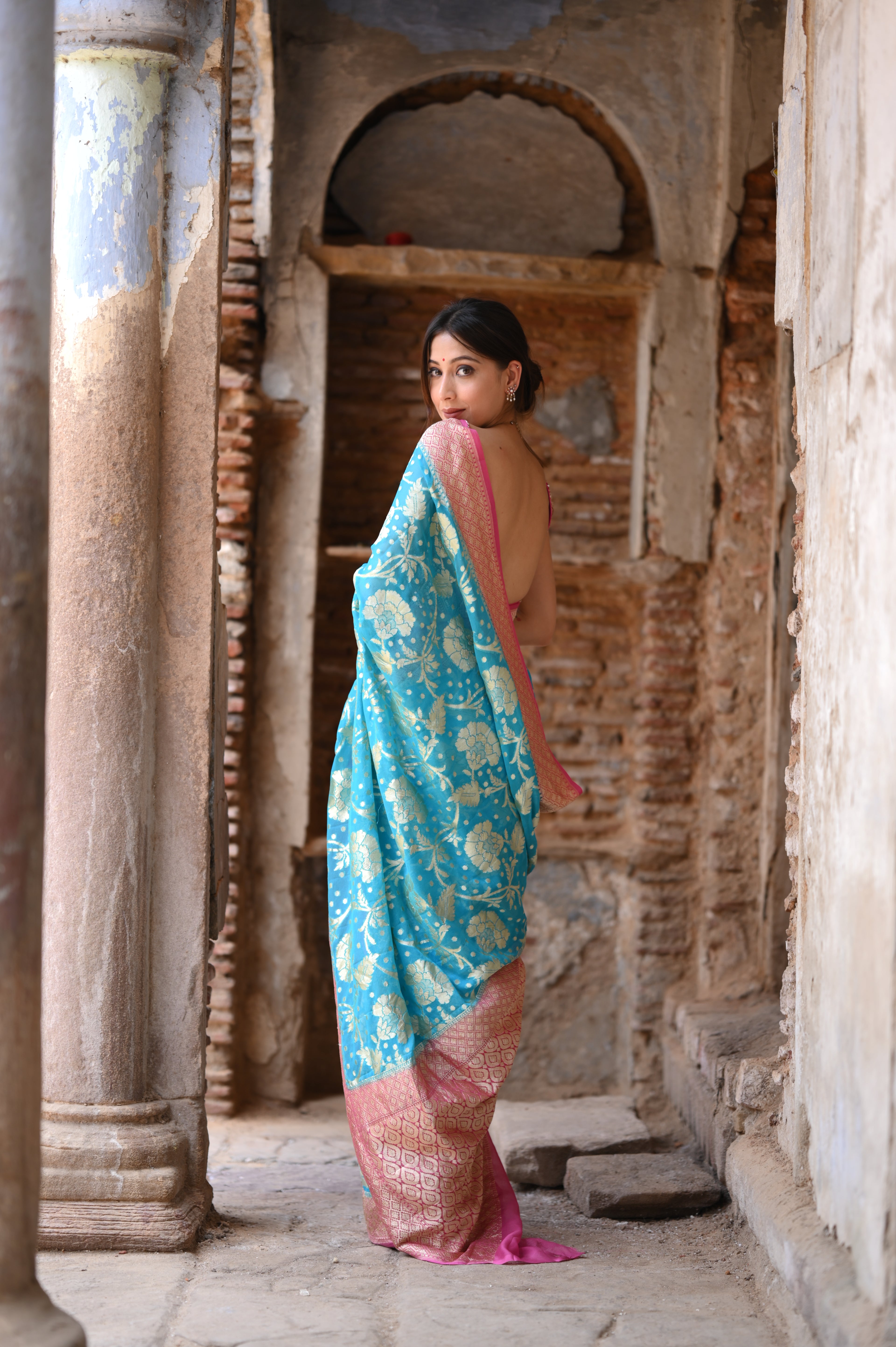 Water Blue Khaddi Chiffon Handwoven Banarasi Saree