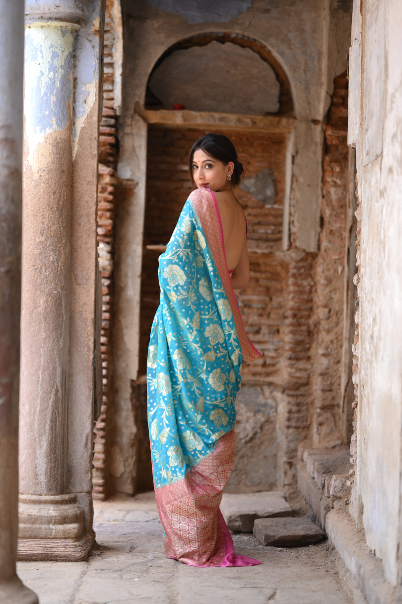 Water Blue Khaddi Chiffon Handwoven Banarasi Saree