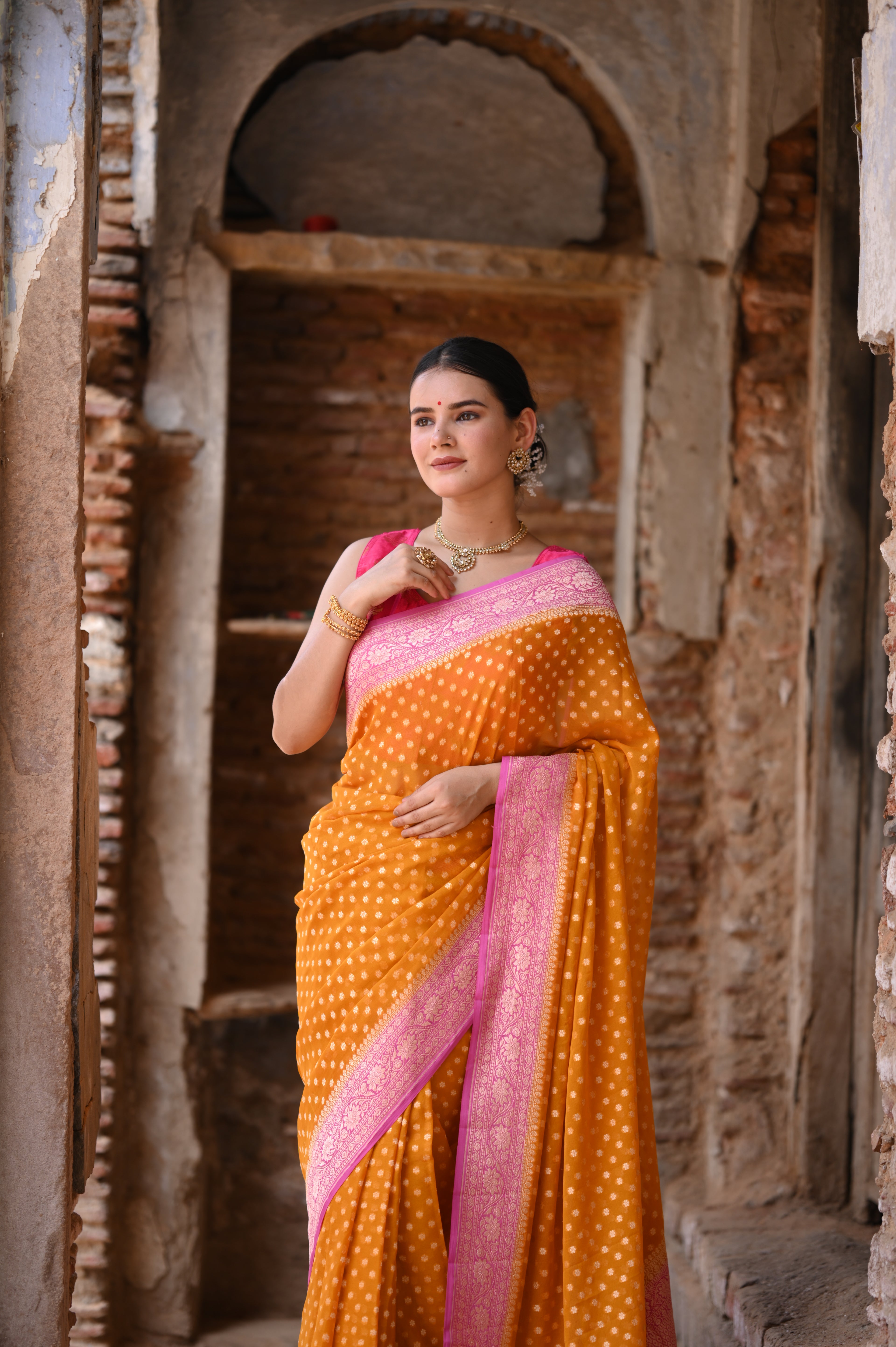 Goldenlush Khaddi Chiffon Handwoven Banarasi Saree