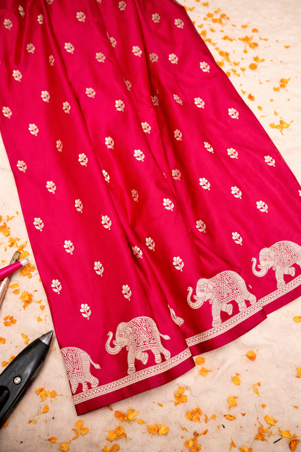 RANI PINK BANARASI MASHRU KATAN SILK SAREE (ELEPHANT BORDER)