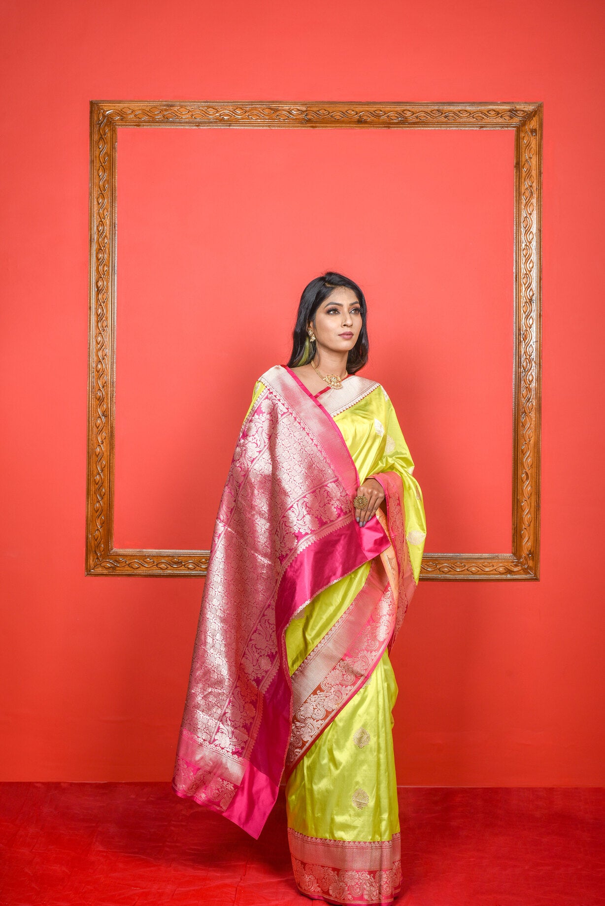 Lemon Green  Katan Silk Handwoven Banaras Saree