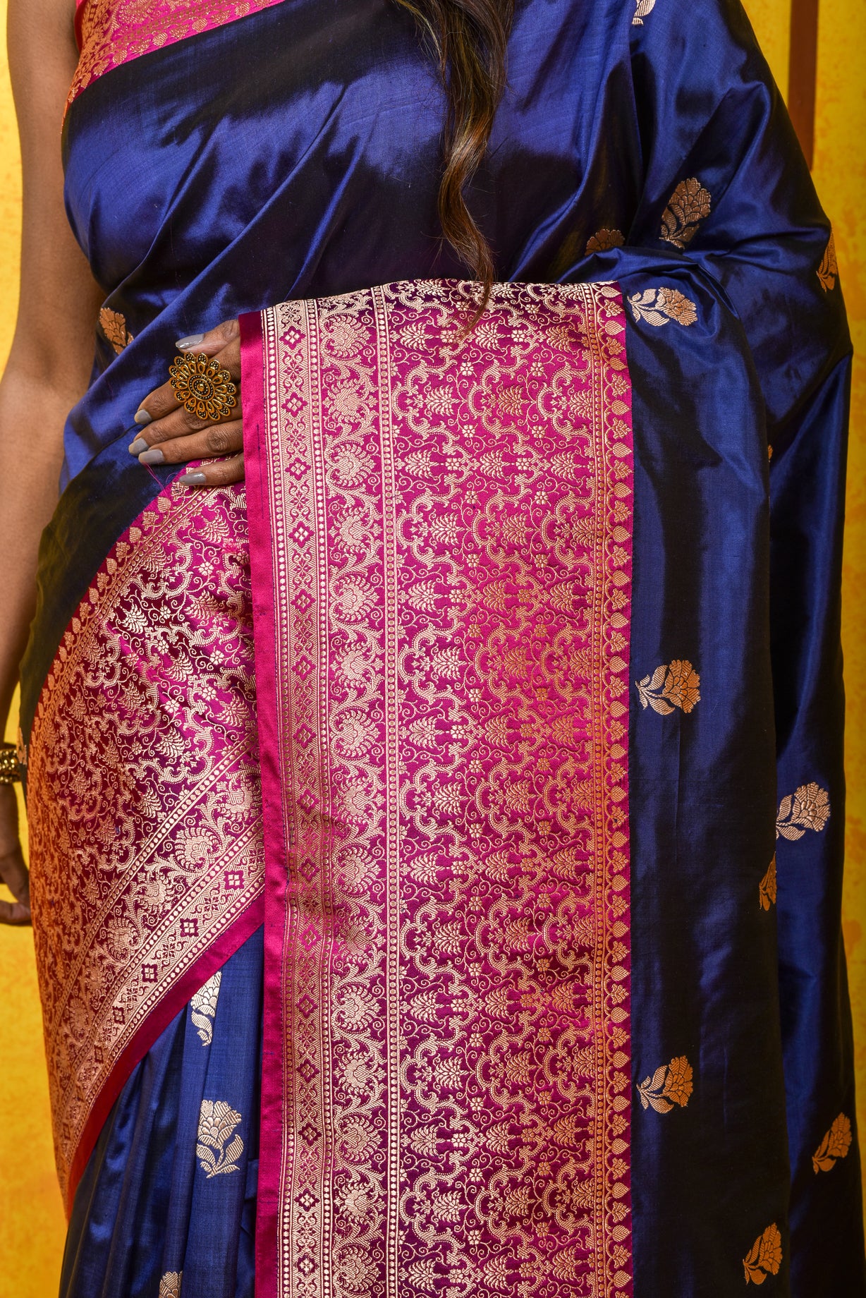 Navy Blue Katan Silk Handwoven Banaras Saree