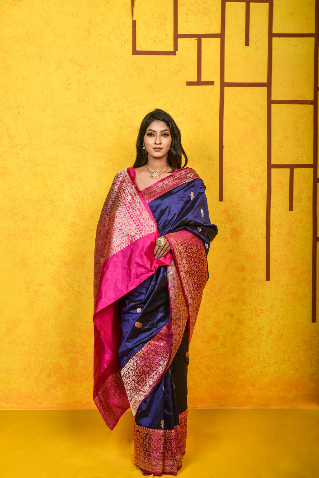 Navy Blue Katan Silk Handwoven Banaras Saree