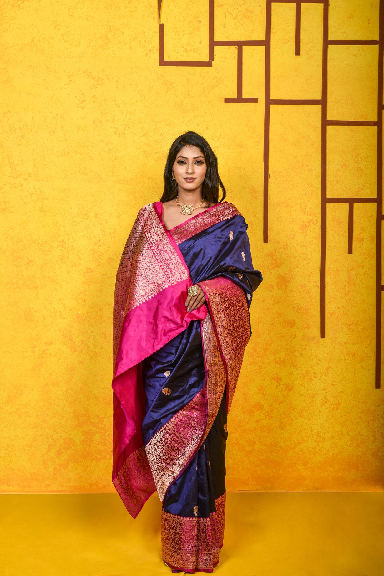 Navy Blue Katan Silk Handwoven Banaras Saree