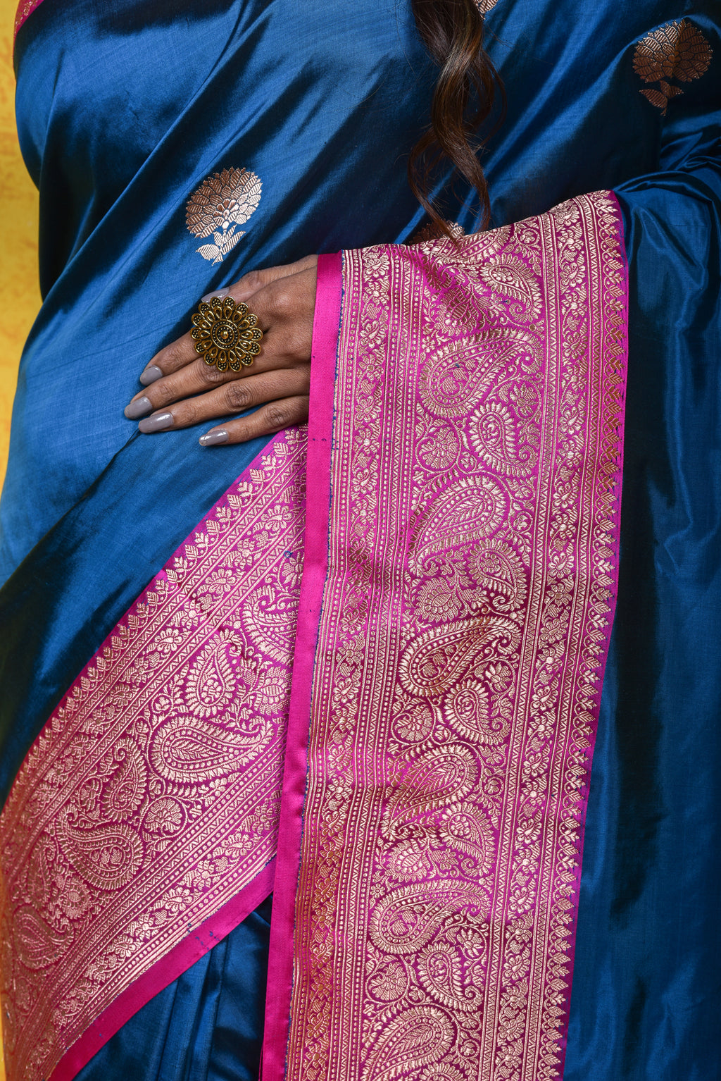 German  Blue Katan Silk Handwoven Banaras Saree