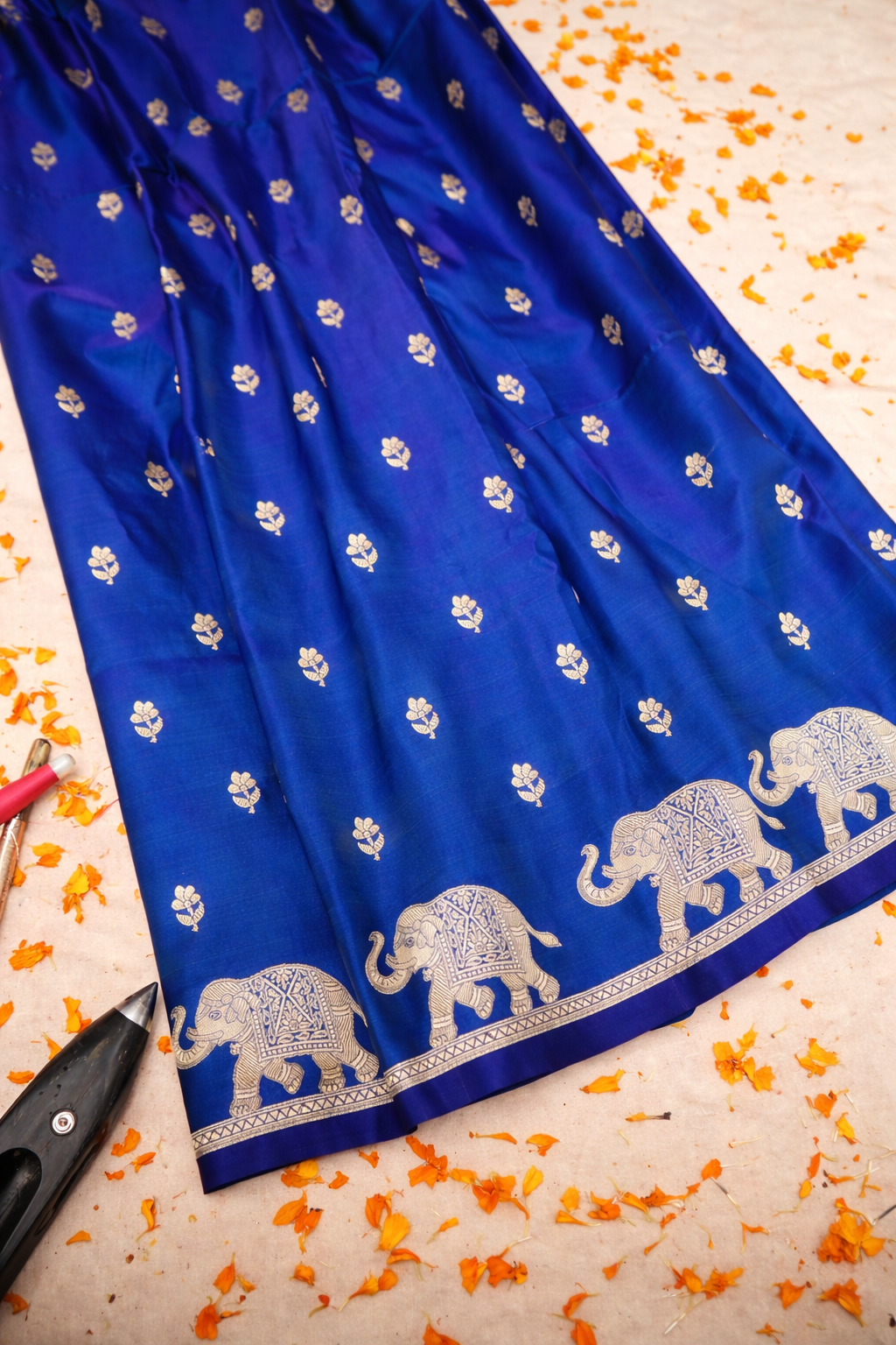 ROYAL BLUE BANARASI MASHRU KATAN SILK SAREE (ELEPHANT BORDER)