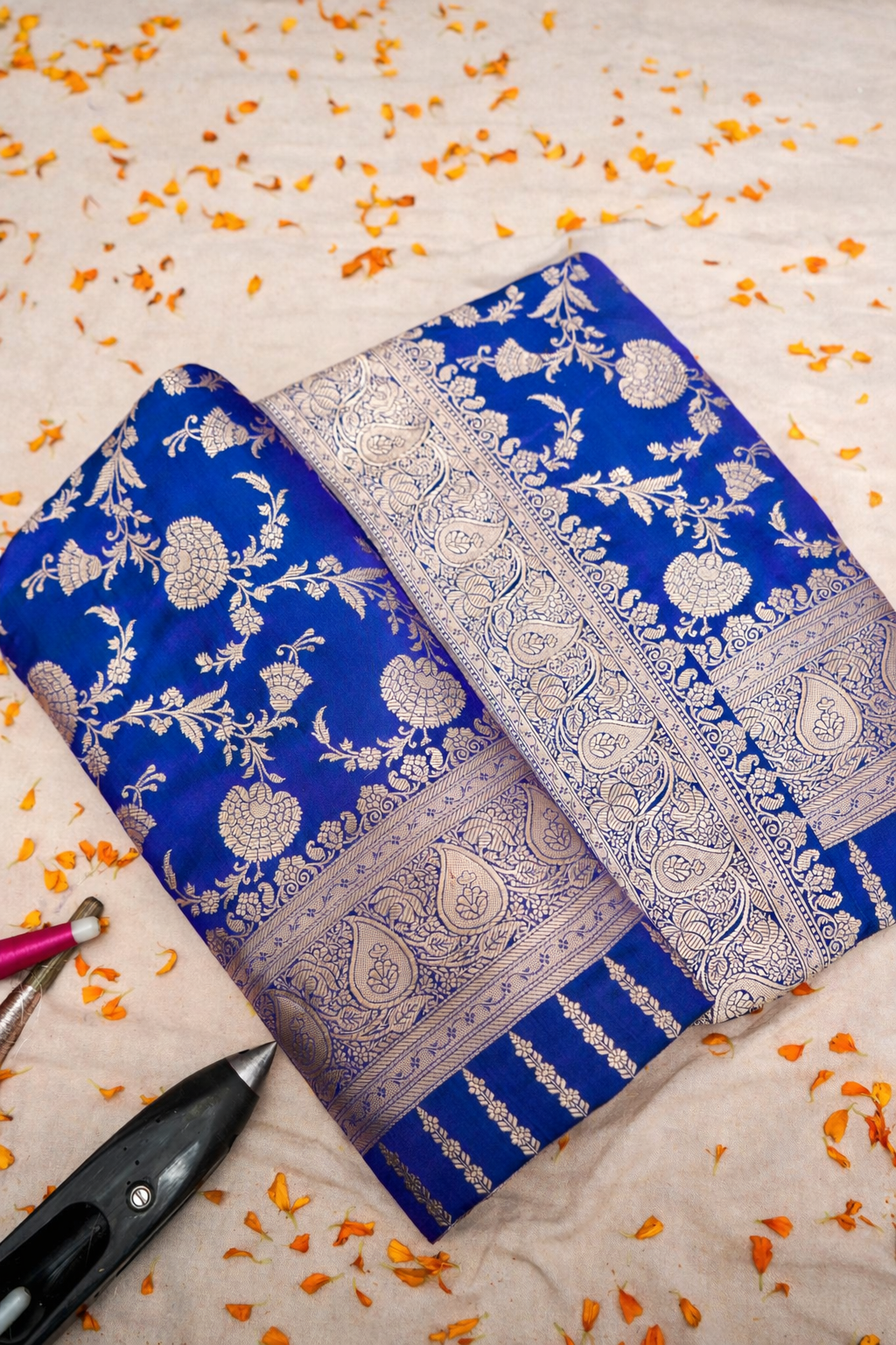 ROYAL COBALT BLUE BANARASI MASHRU KATAN SILK SAREE