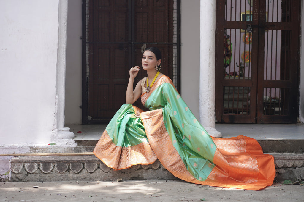 Sea Green Pure Handwoven Banarasi Katan Silk Saree