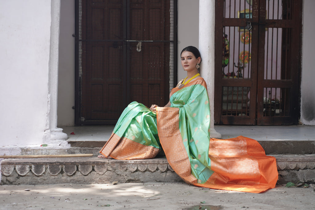 Sea Green Pure Handwoven Banarasi Katan Silk Saree