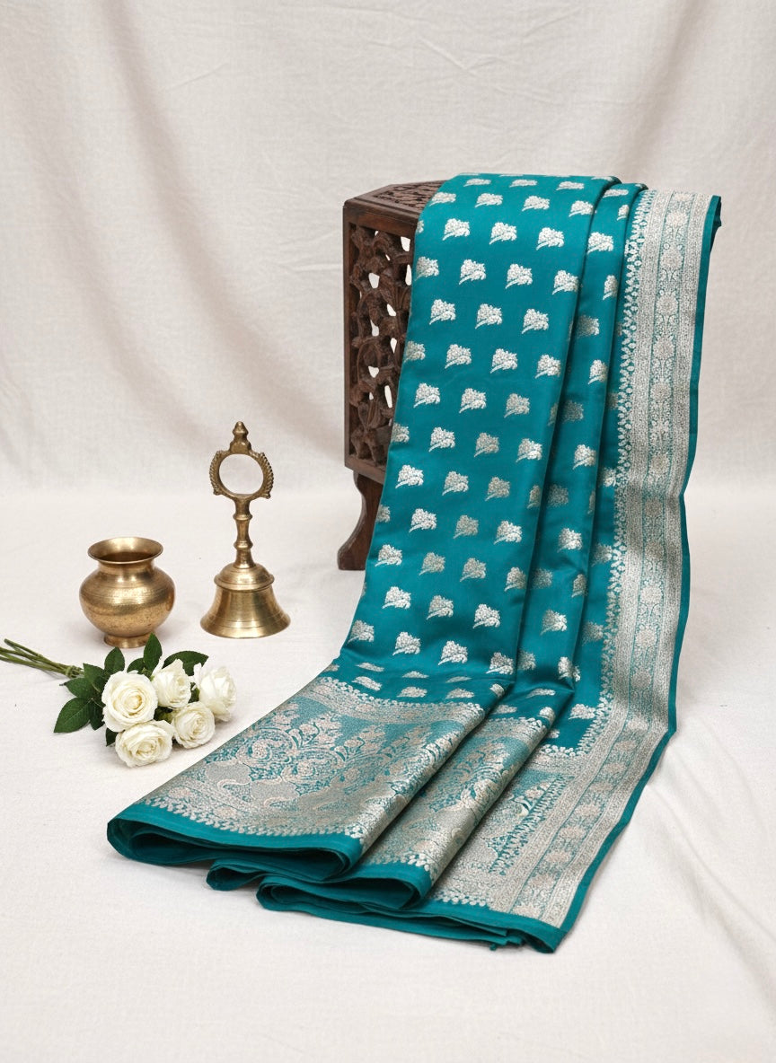 Handwoven Teal Blue Banarasi Ahinsa Silk Saree