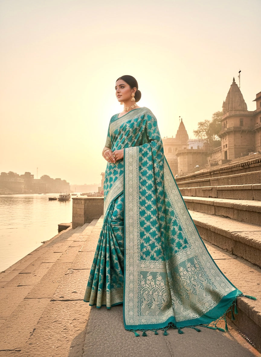 Handwoven Sea Green Banarasi Ahinsa Silk Saree