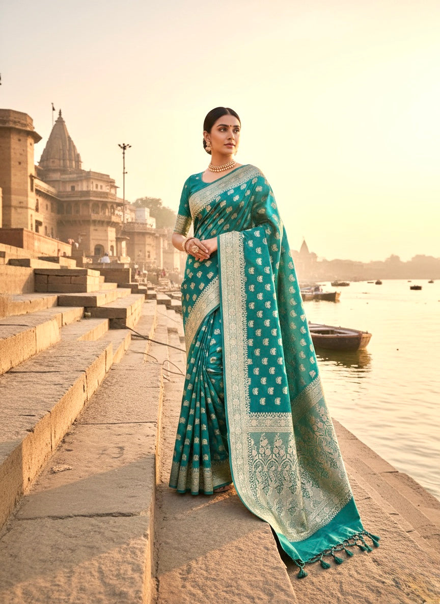 Handwoven Teal Blue Banarasi Ahinsa Silk Saree