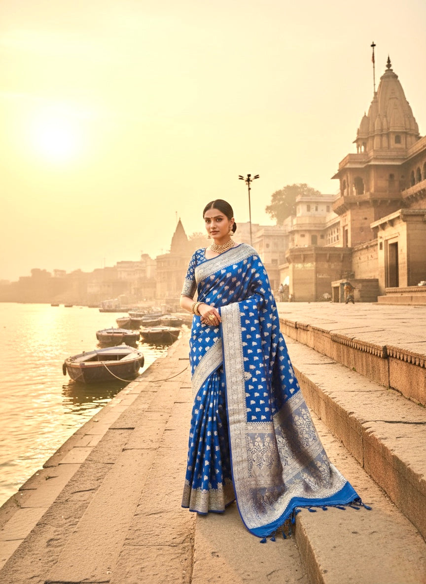 Handwoven Royal Blue Banarasi Ahinsa Silk Saree