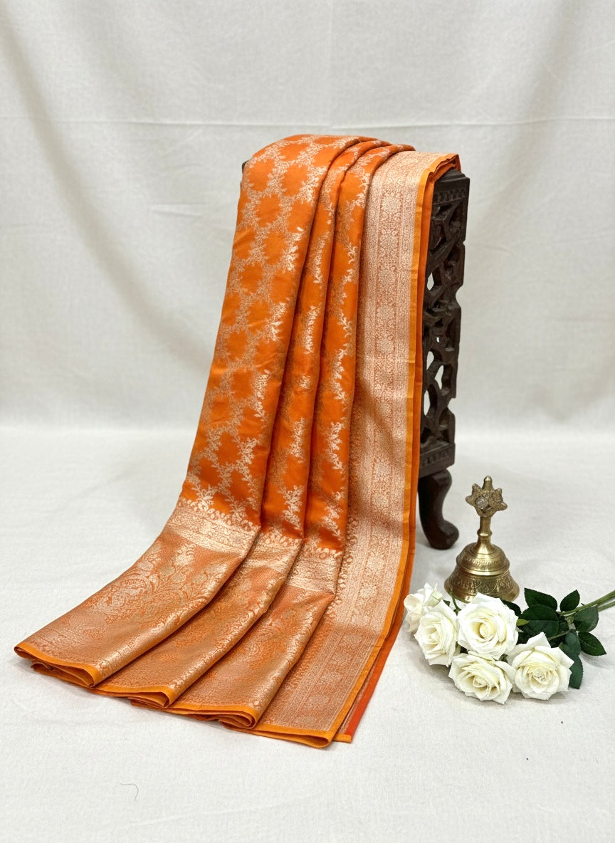Handwoven Orange Banarasi Ahinsa Silk Saree