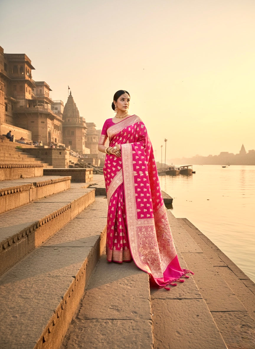 Handwoven Hot Pink Banarasi Ahinsa Silk Saree