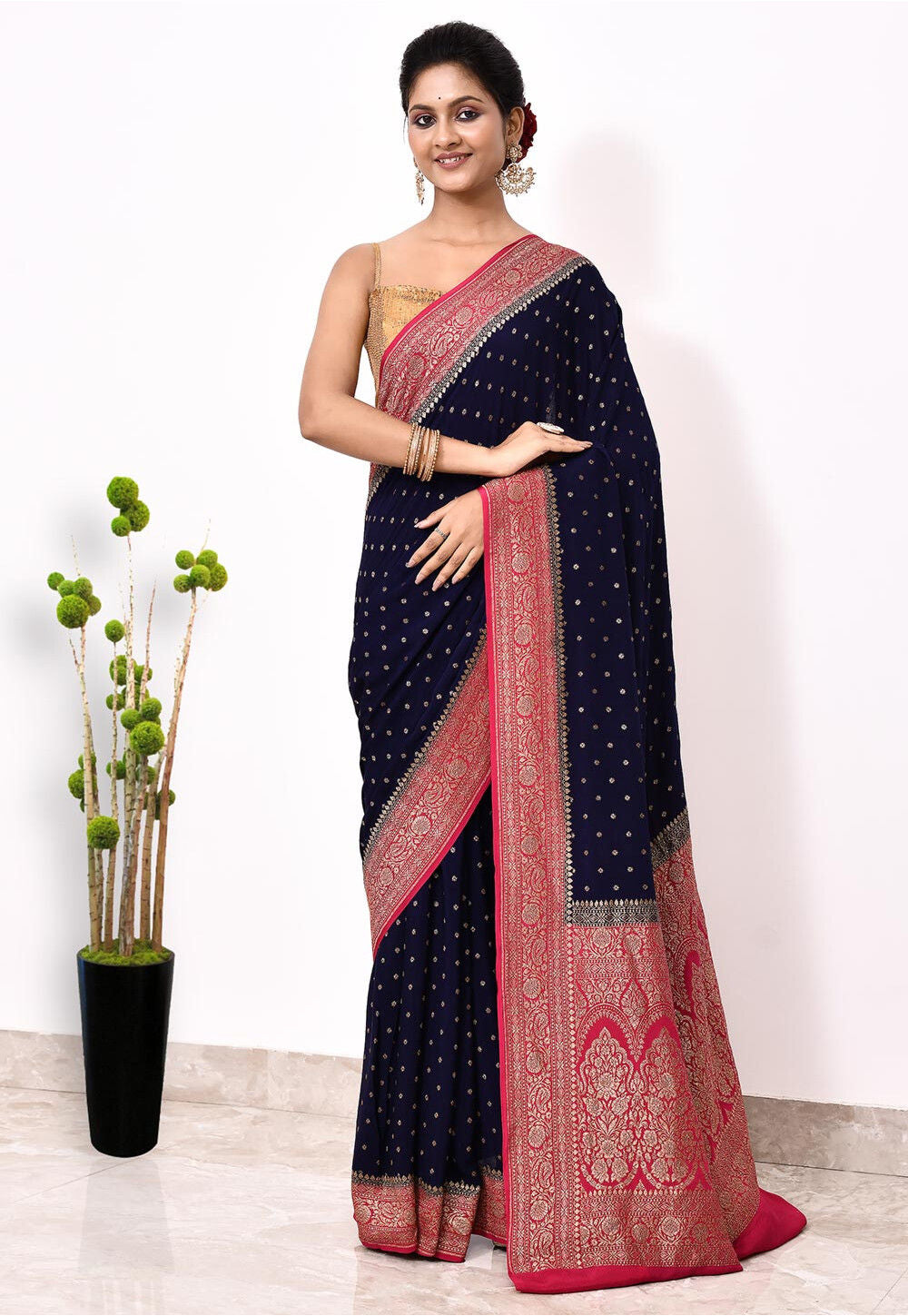 Dark Blue Chiffon Silk Handwoven Banaras Saree