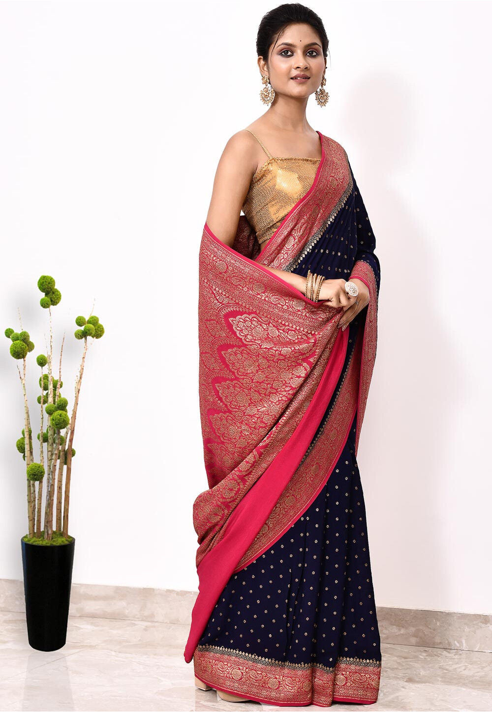 Dark Blue Chiffon Silk Handwoven Banaras Saree