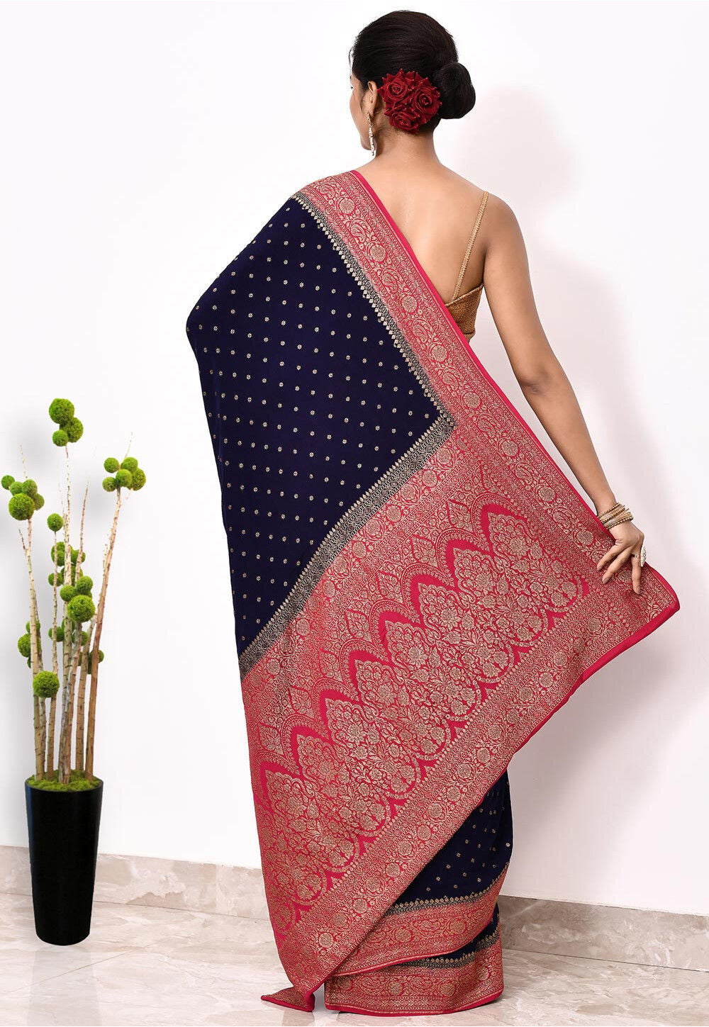 Dark Blue Chiffon Silk Handwoven Banaras Saree
