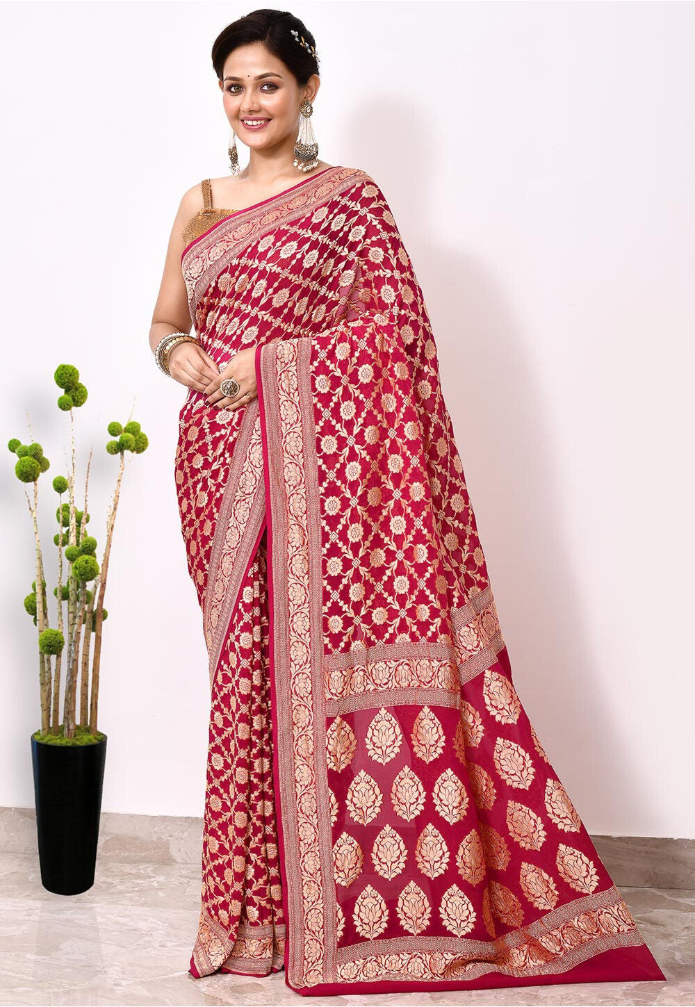 Red Chiffon Silk Handwoven Banaras Saree