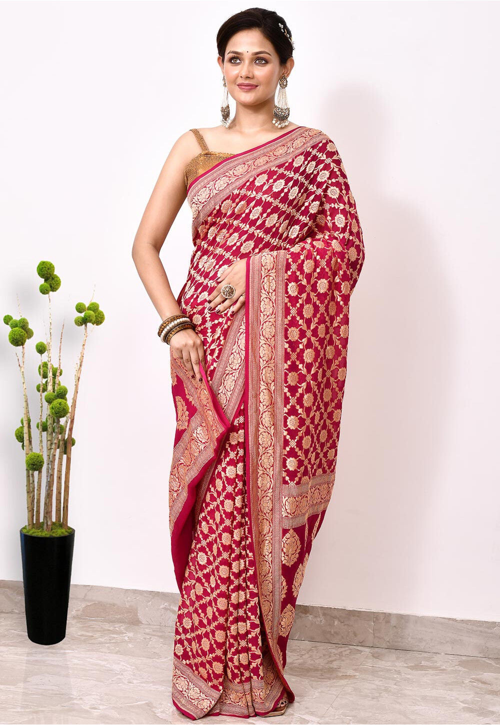 Red Chiffon Silk Handwoven Banaras Saree