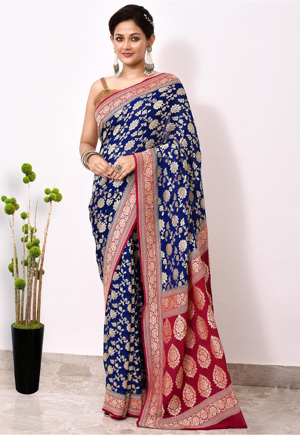 Royal Blue Chiffon Silk Handwoven Banaras Saree