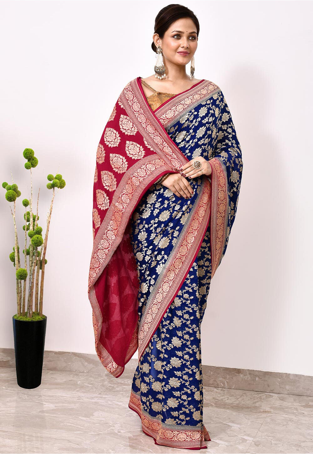 Royal Blue Chiffon Silk Handwoven Banaras Saree