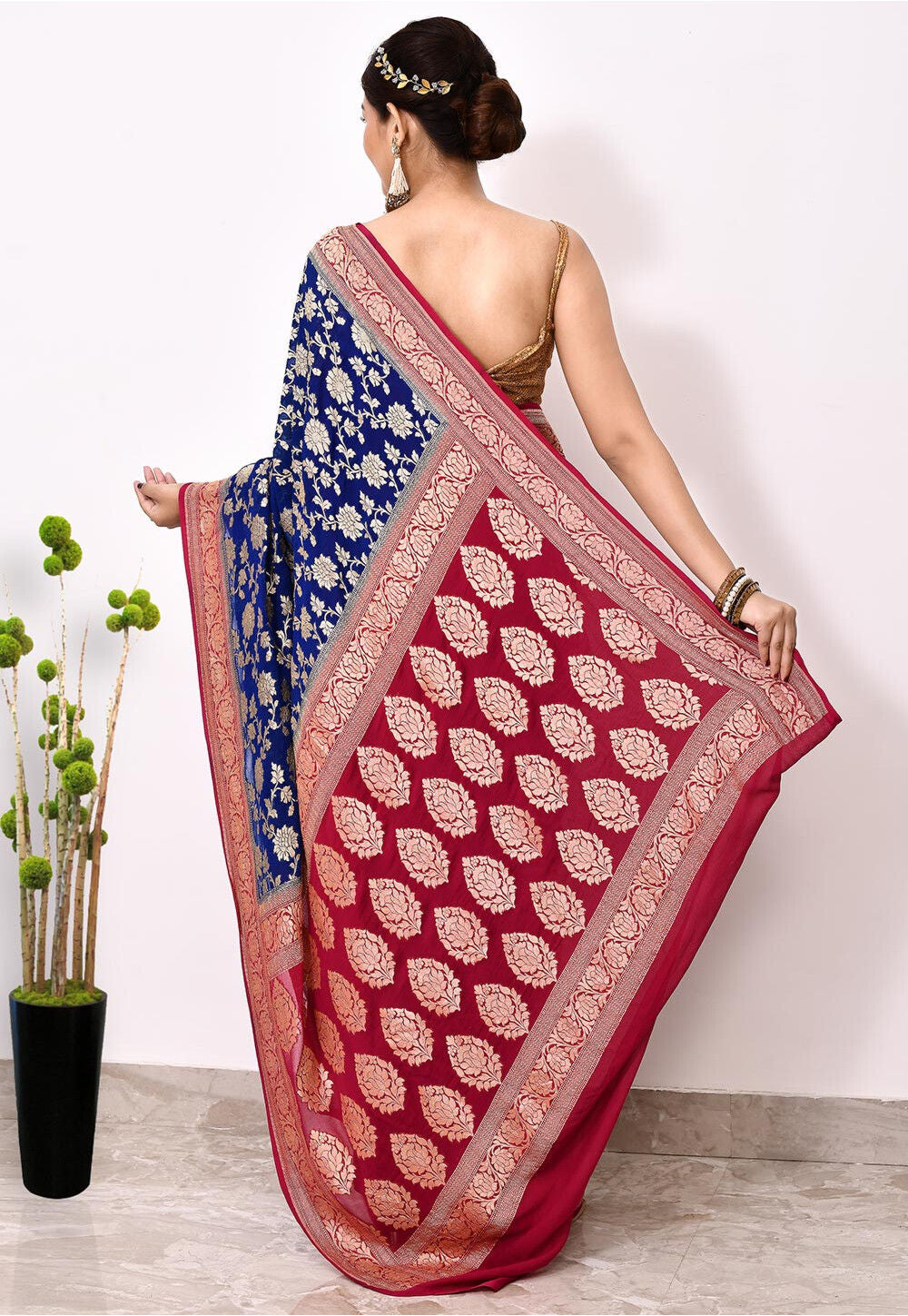 Royal Blue Chiffon Silk Handwoven Banaras Saree