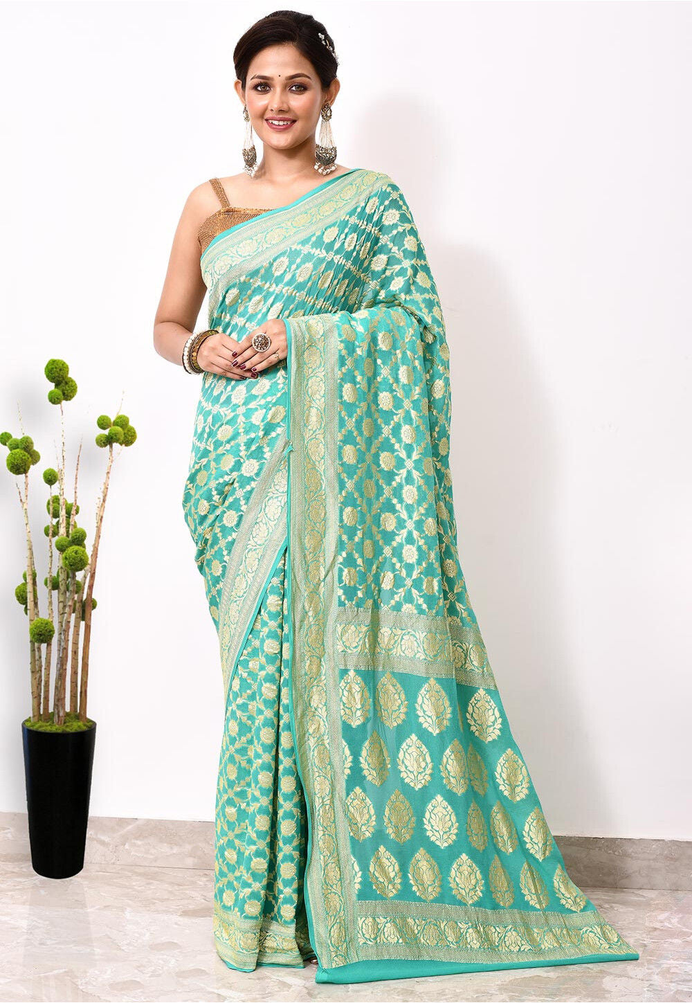 Light Blue Chiffon Silk Handwoven Banaras Saree