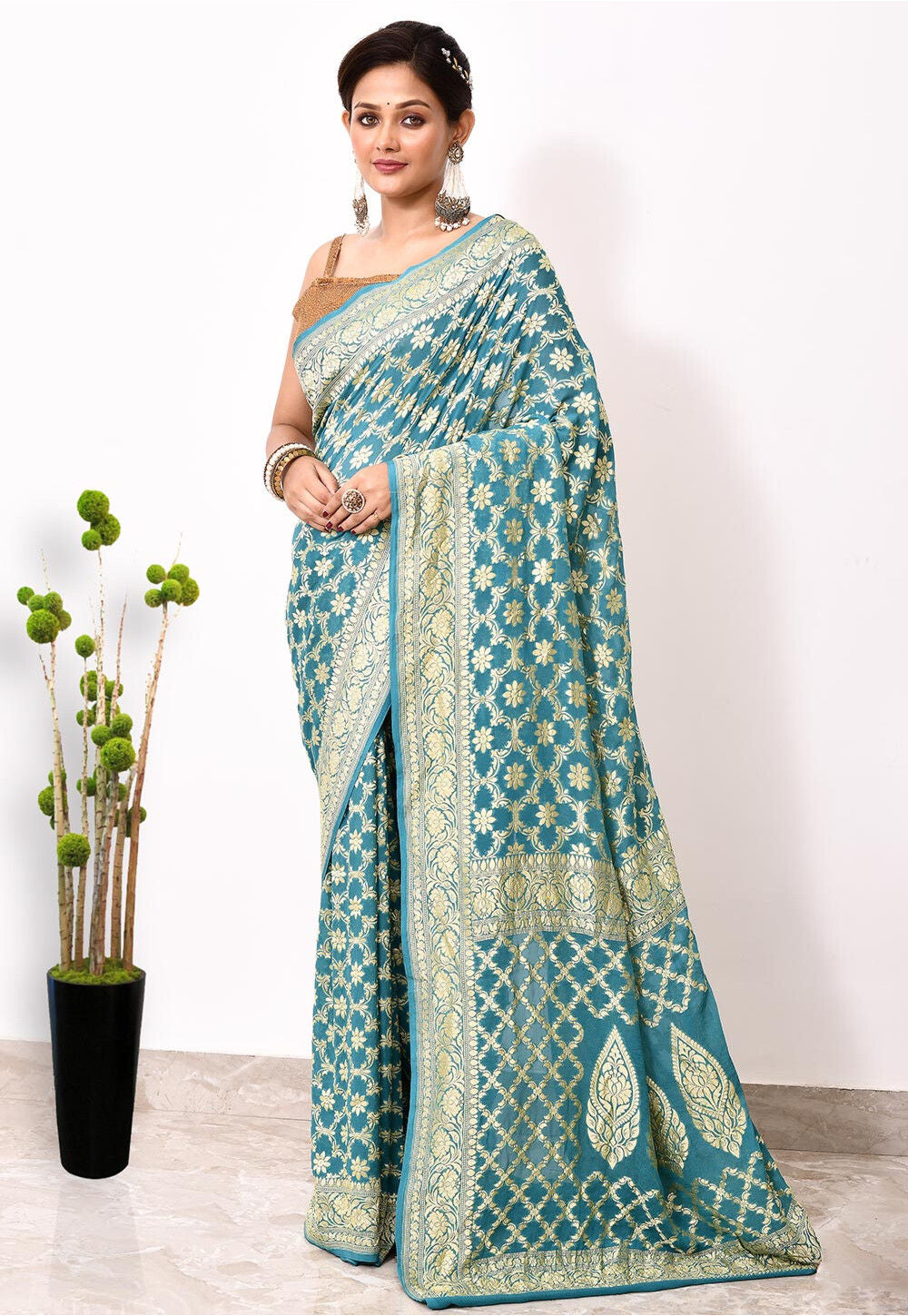 Sky Blue Chiffon Silk Handwoven Banaras Saree