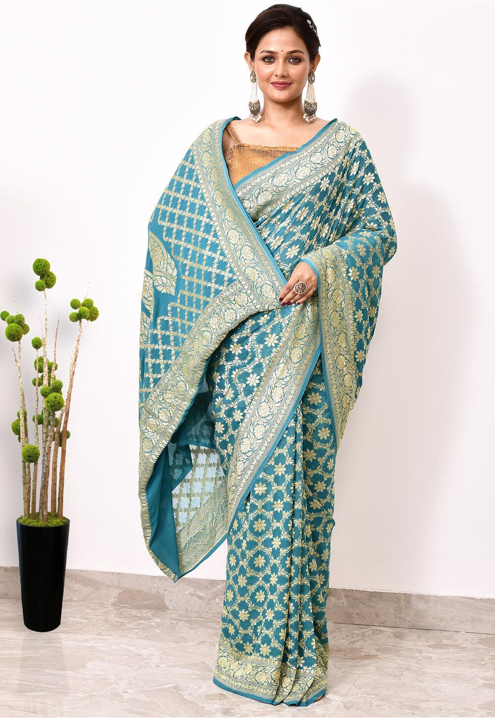 Sky Blue Chiffon Silk Handwoven Banaras Saree