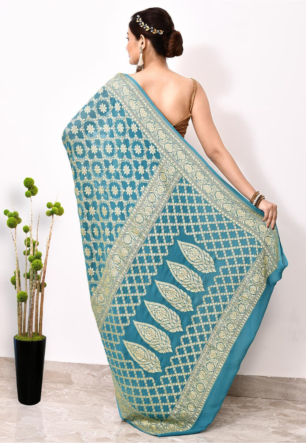 Sky Blue Chiffon Silk Handwoven Banaras Saree